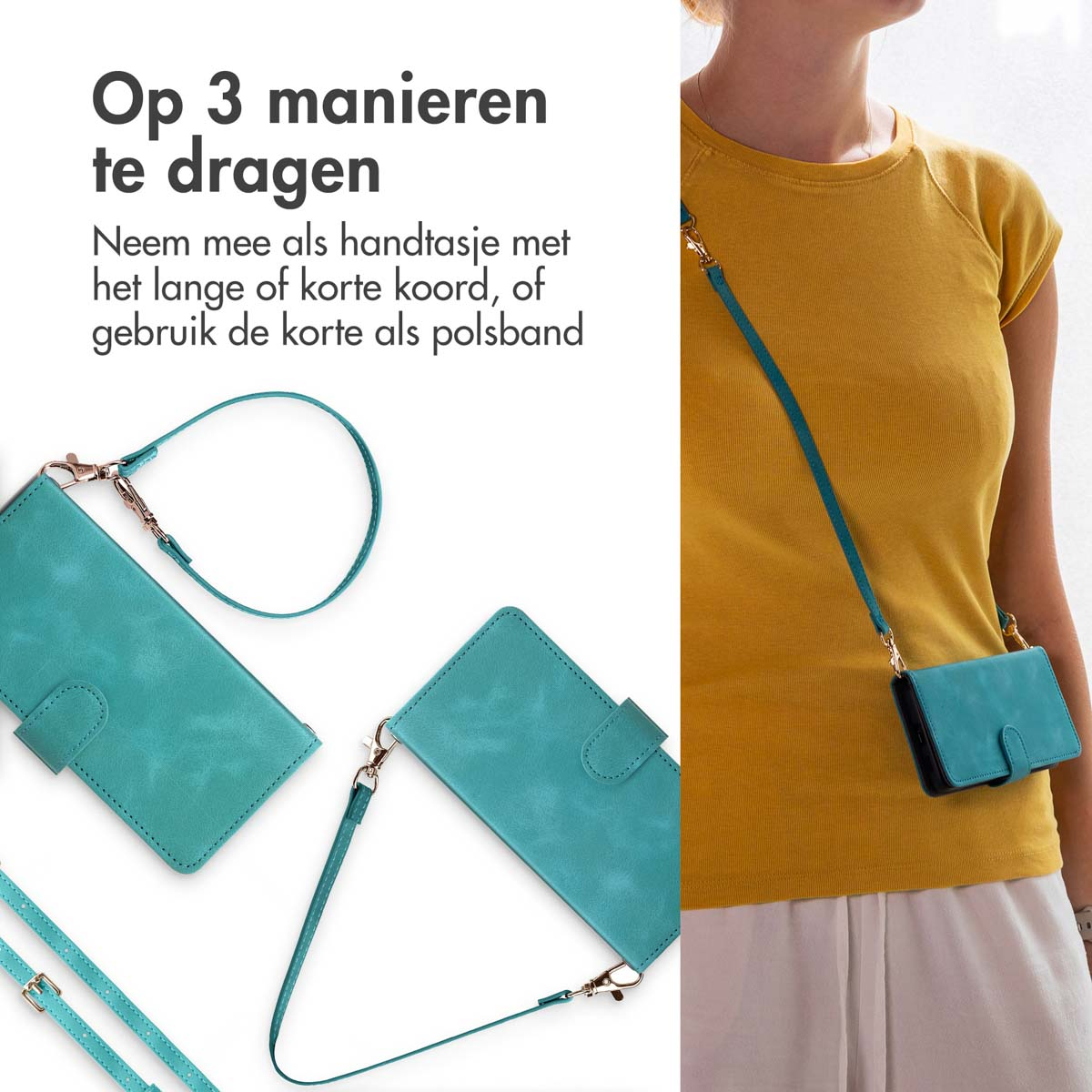 Femme portant une pochette de téléphone teal avec sangle sur l'épaule. Deux pochettes teal à côté.