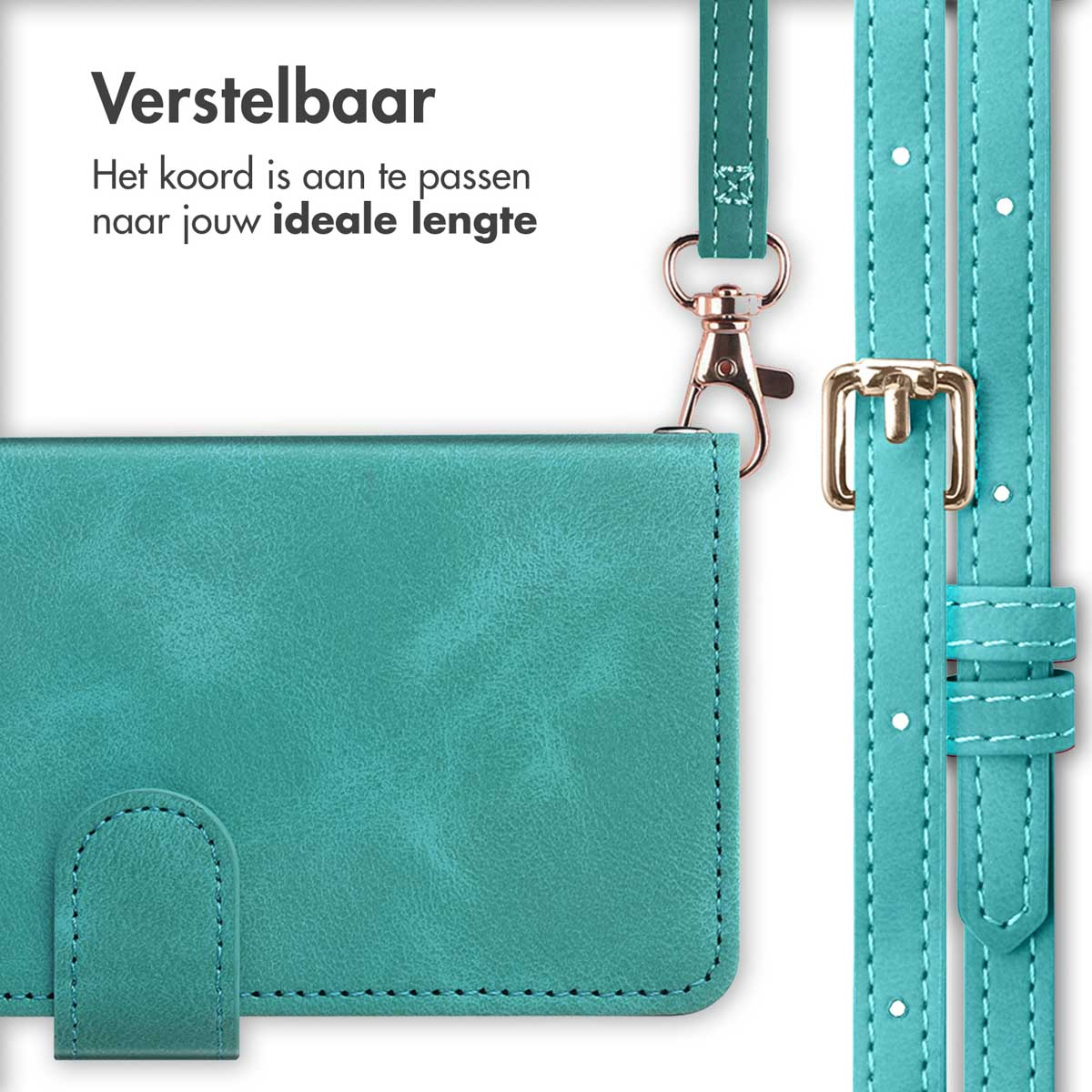 Étui de téléphone turquoise avec sangle réglable et fermoir doré.