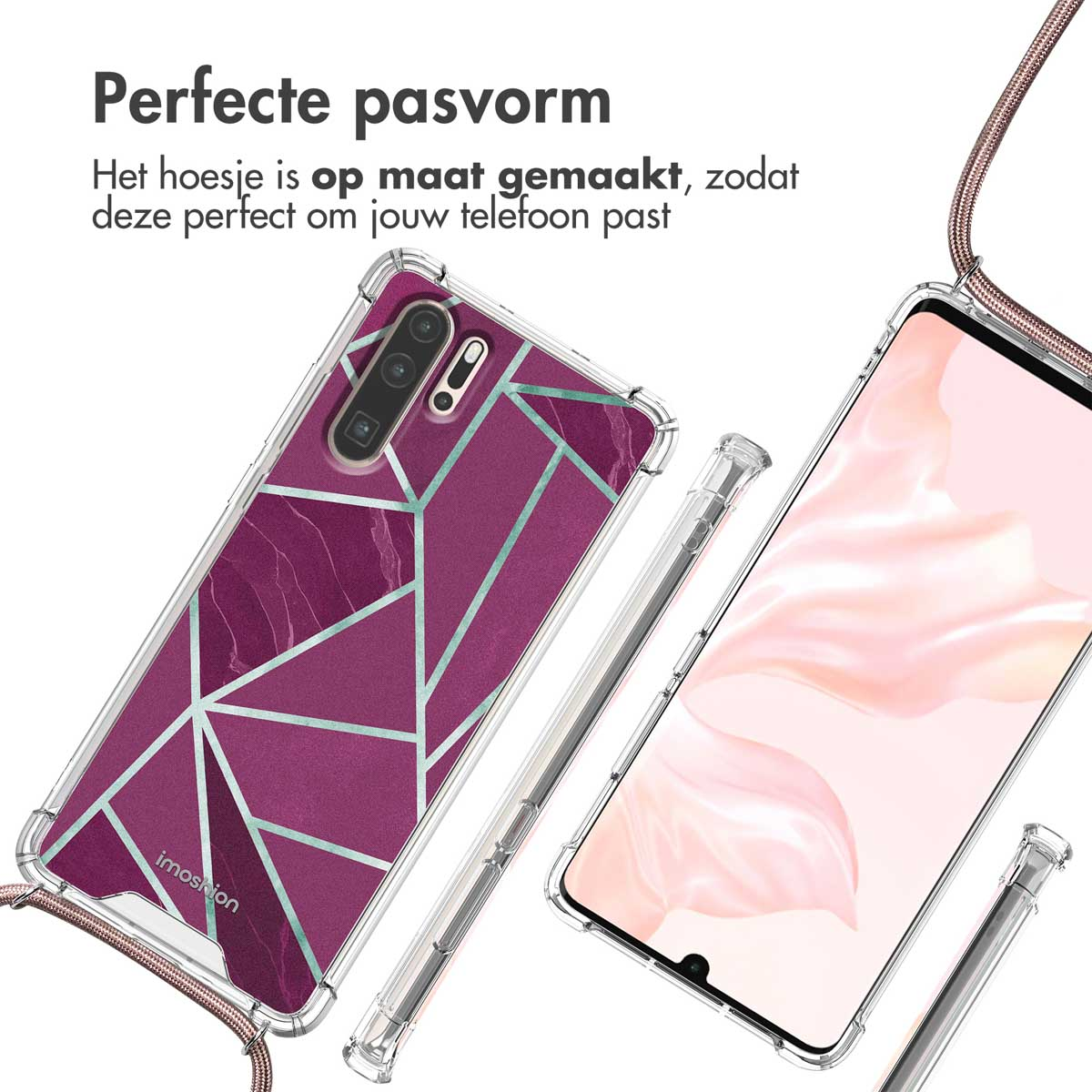 Telefoonhoesje met roze marmer design. Transparante hoes, perfecte pasvorm. Nog een hoesje ernaast.