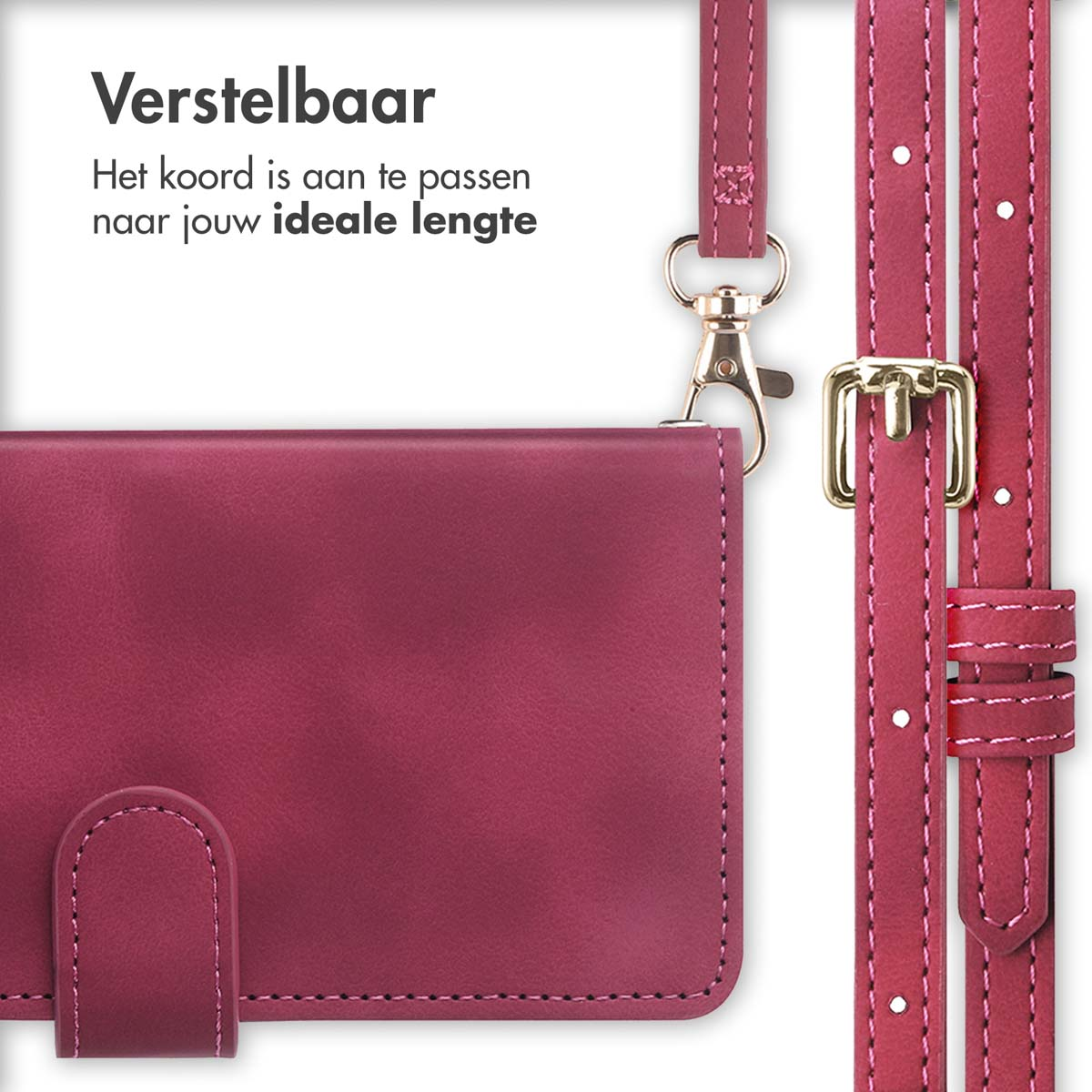Verstelbare, roze lederen hoes met riem en gouden sluiting. Verstelbare lengte.