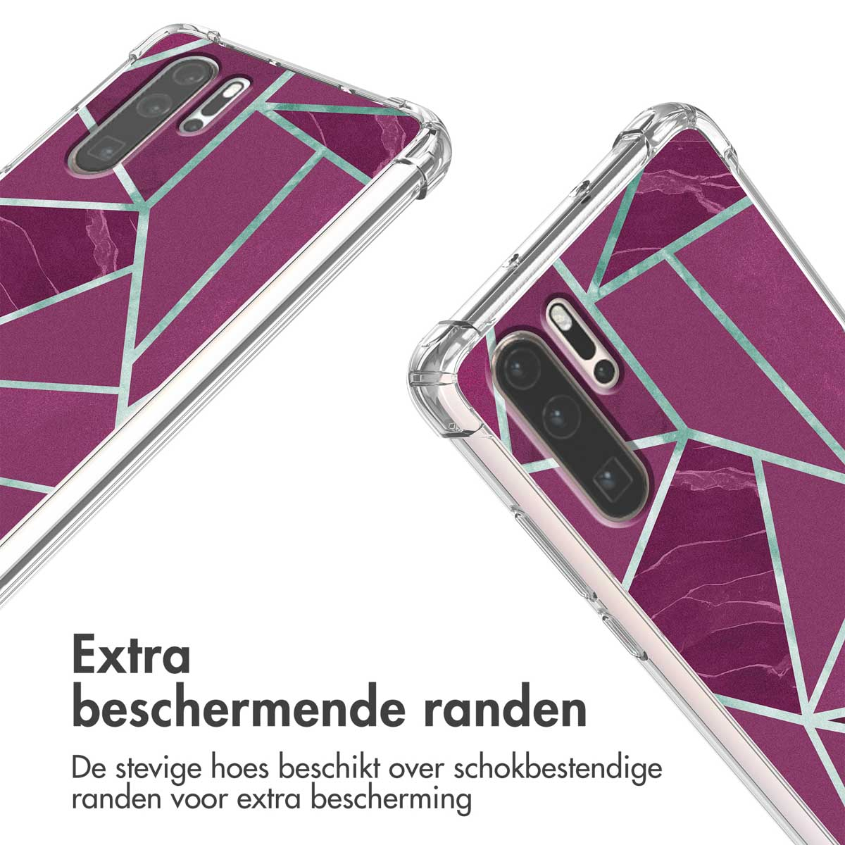 Paarse telefoonhoes met geometrisch patroon en verstevigde randen.