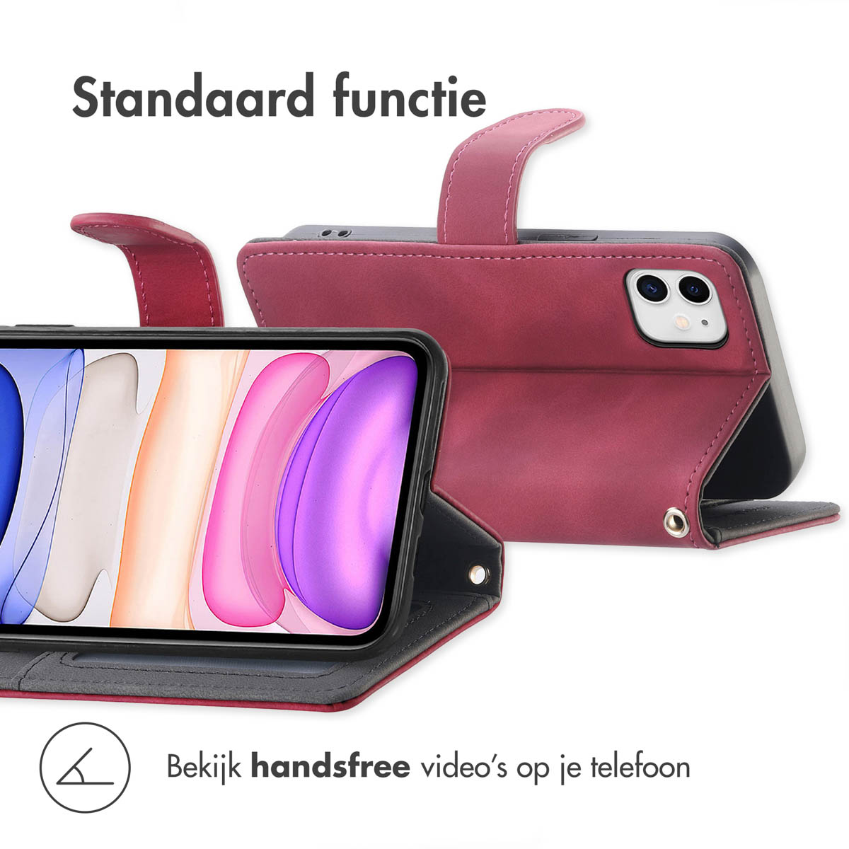 Een rode telefoonhoes met standaardfunctie voor handsfree videoweergave.
