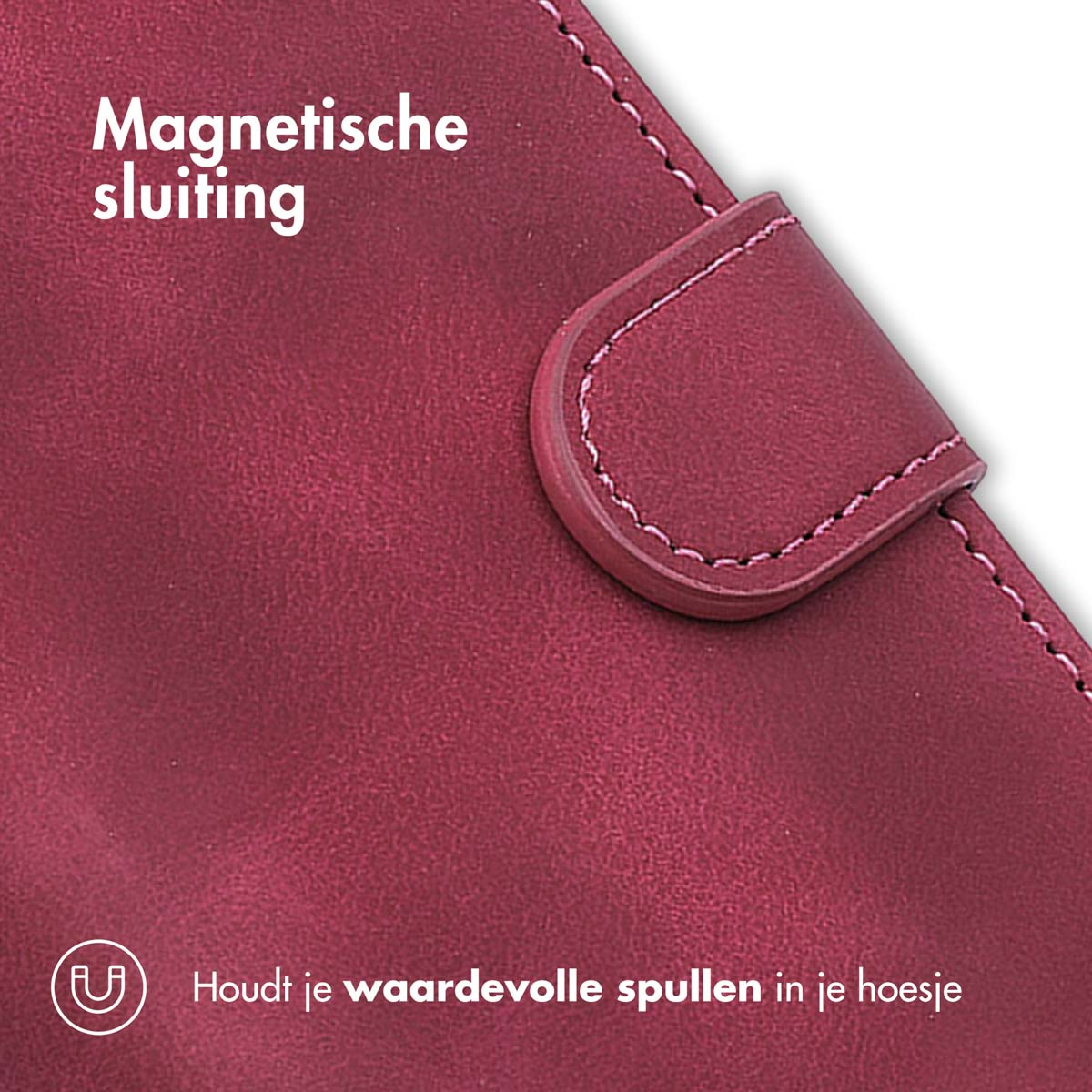 Nahaufnahme einer weinroten Handyhülle mit Magnetverschluss. Die Hülle ist lederartig.
