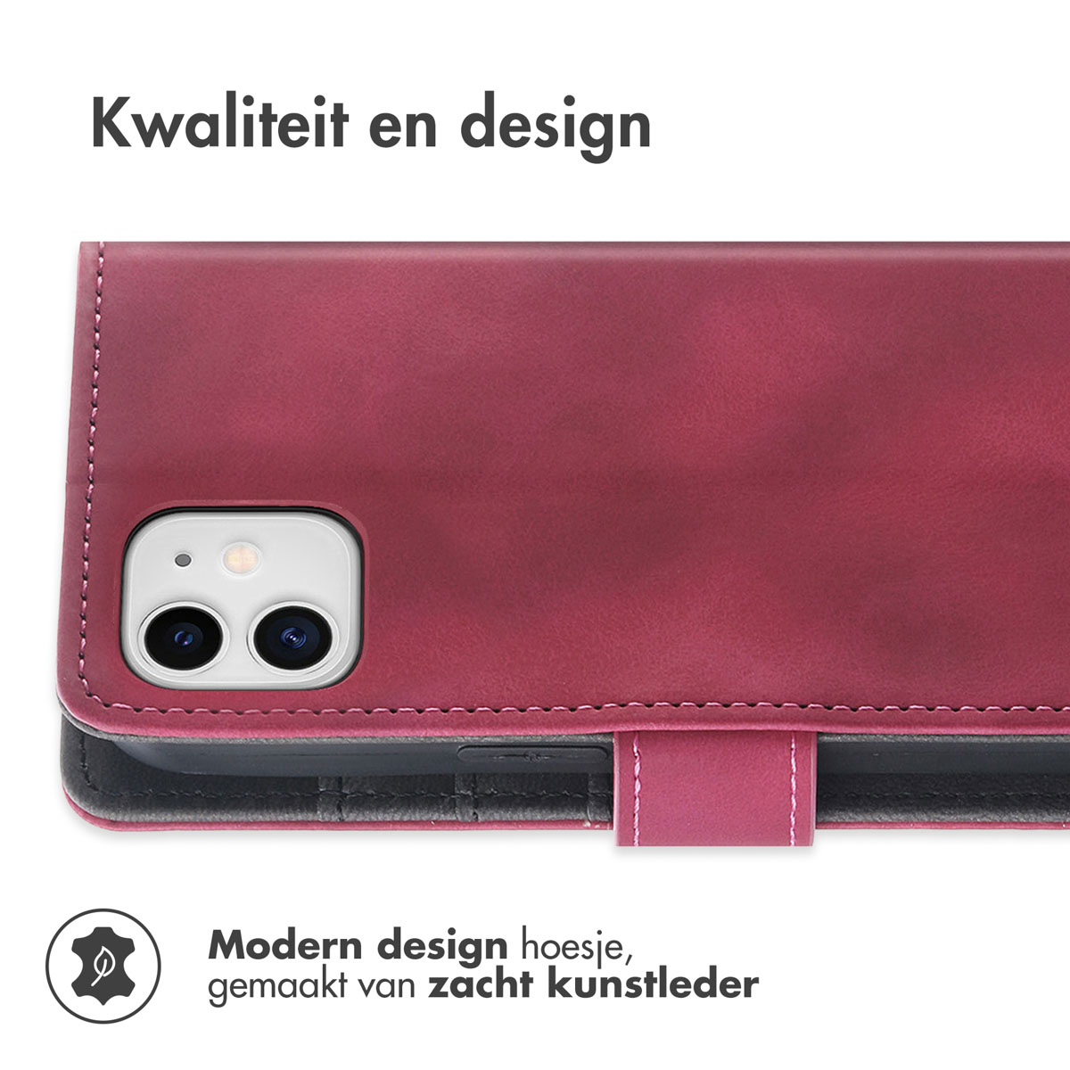 Een rode kunstlederen telefoonhoes met camera-uitsparing en bandje.