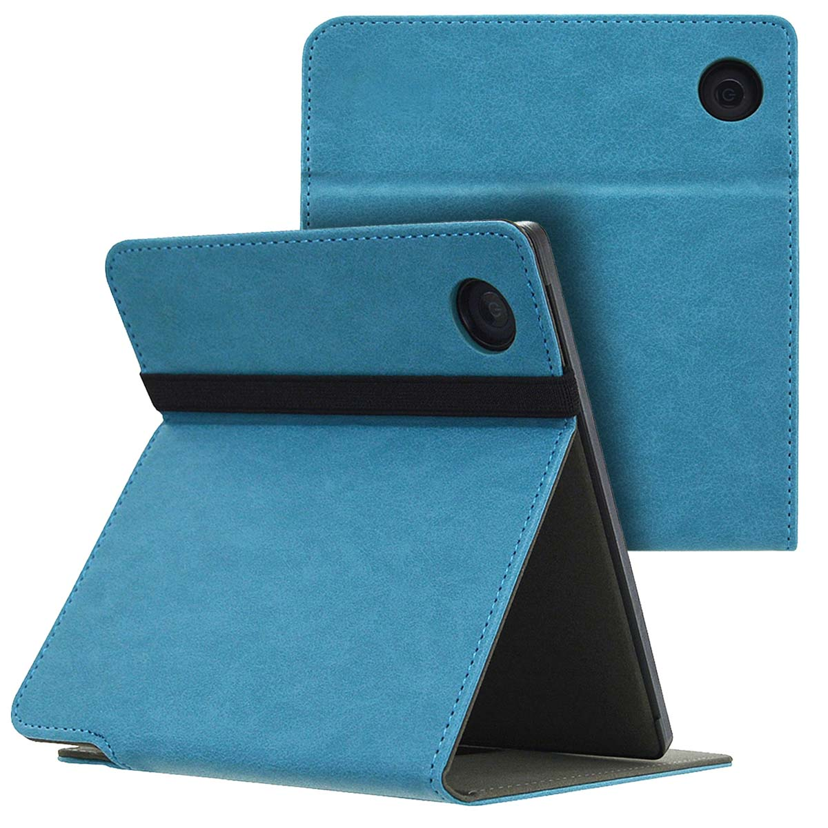 Blauwe tablethoes die overeind kan staan met het zwarte elastiek.
