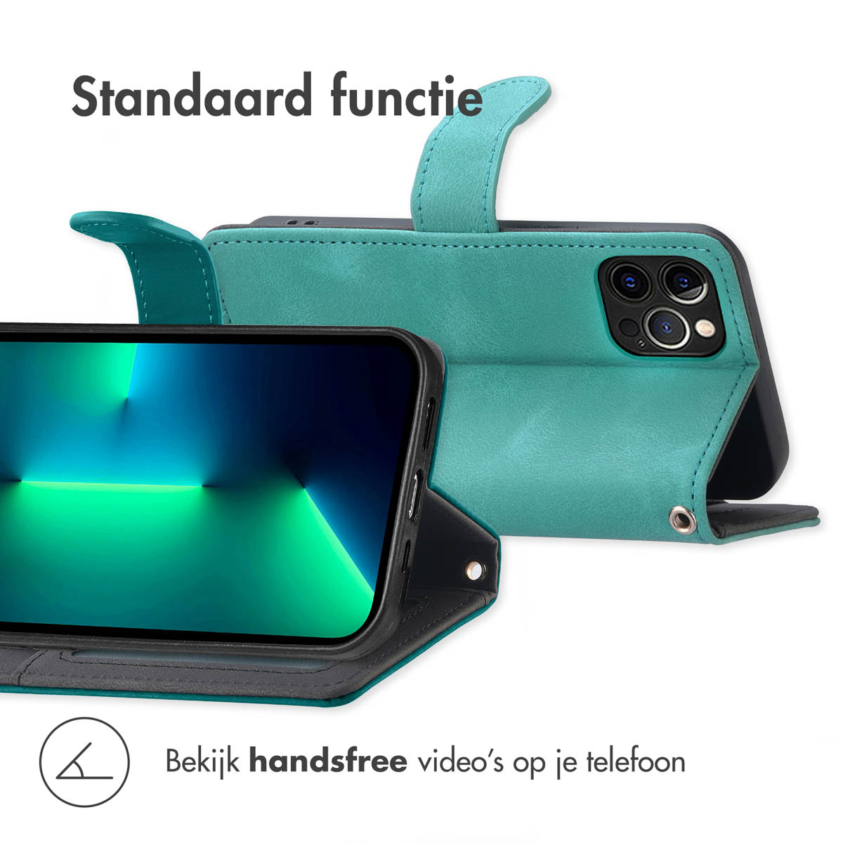 Een turquoise telefoonhoes met een staand weergegeven telefoon.
