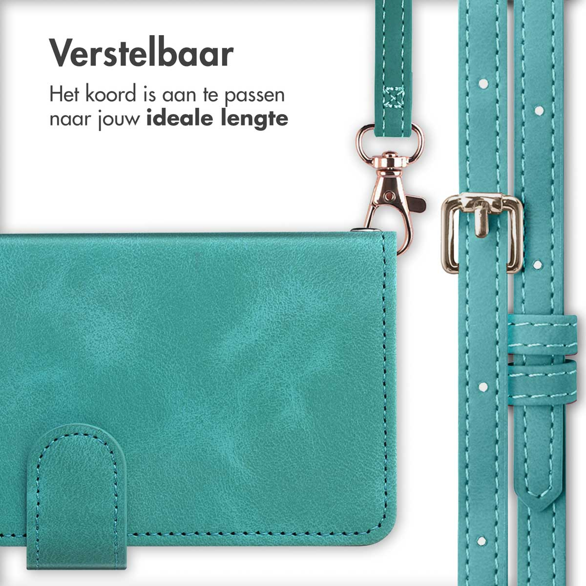 Nahaufnahme einer türkisfarbenen Handyhülle mit verstellbarem Riemen. Der Text lautet 'Verstelbaar'.