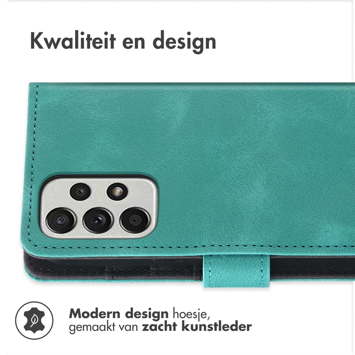 Türkisfarbenes Handycover mit Kameraöffnung und Text 'Qualität und Design'.