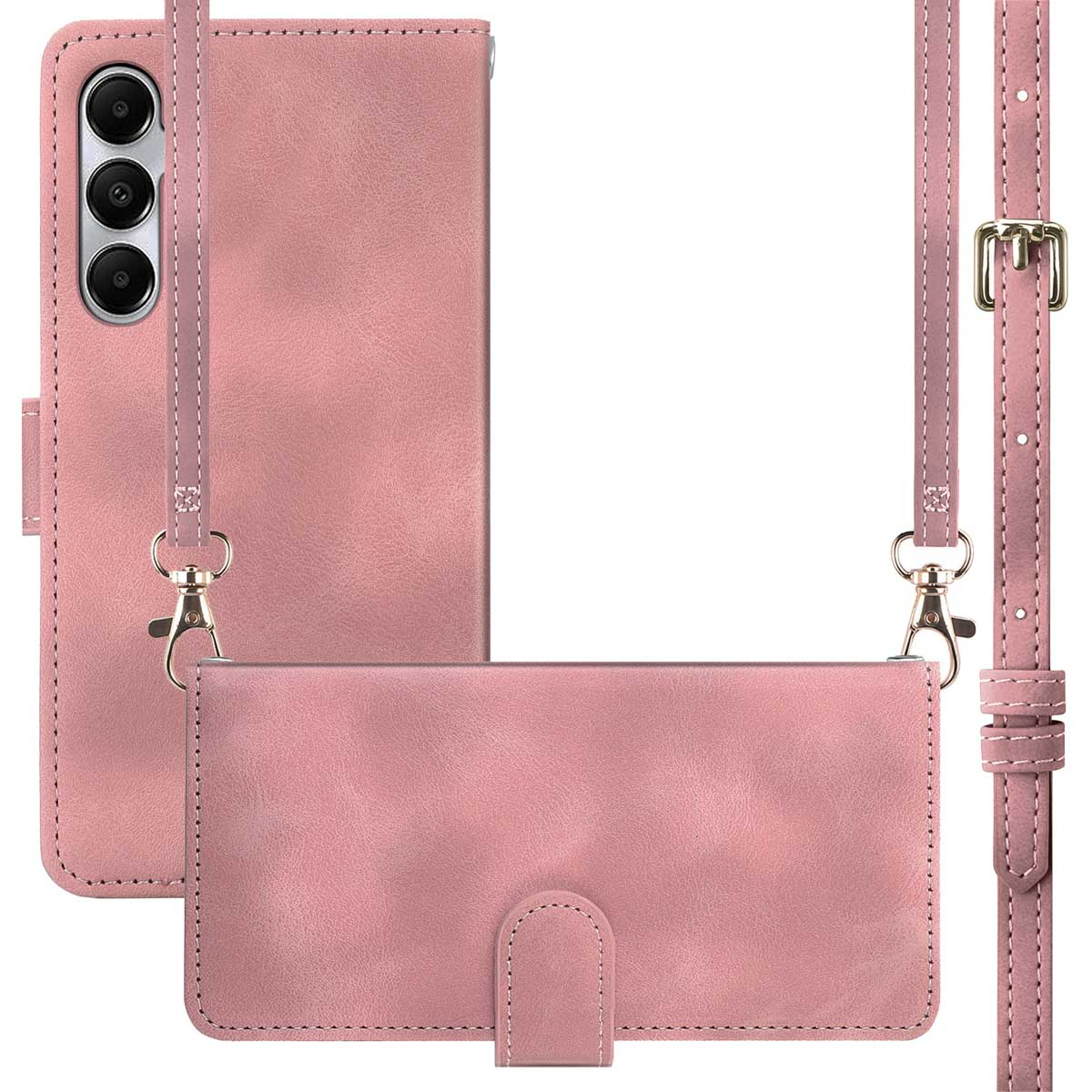 Coque de téléphone rose avec une sangle et un portefeuille.