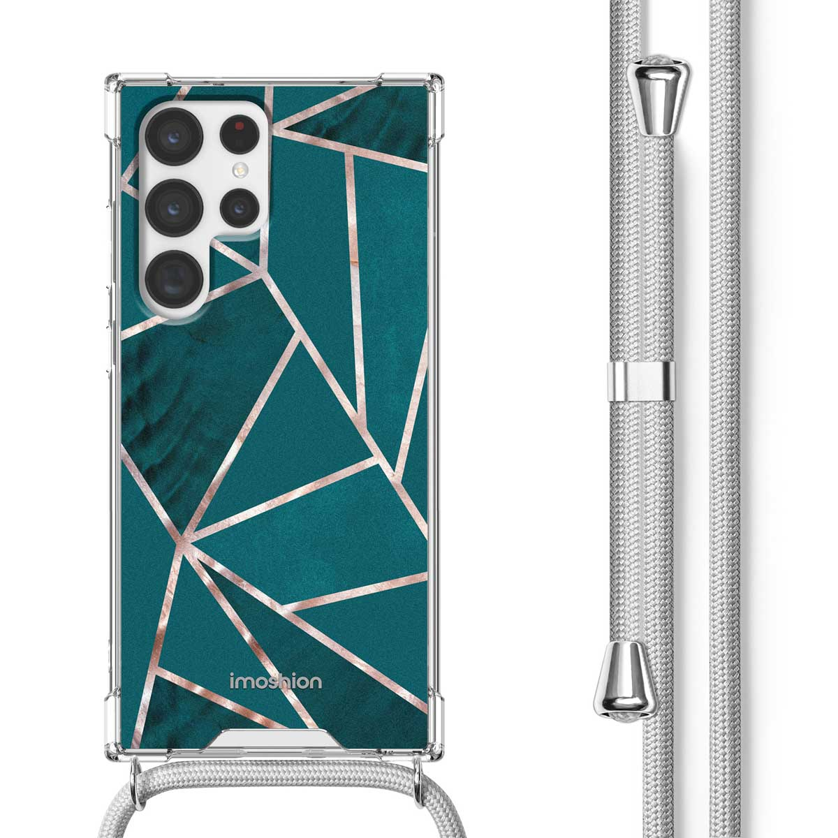 Telefoonhoesje met turquoise marmer en gouden geometrisch patroon. Zilveren telefoonriem.