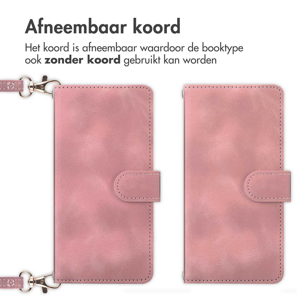 Deux étuis de téléphone roses côte à côte, l'un avec une lanière amovible.