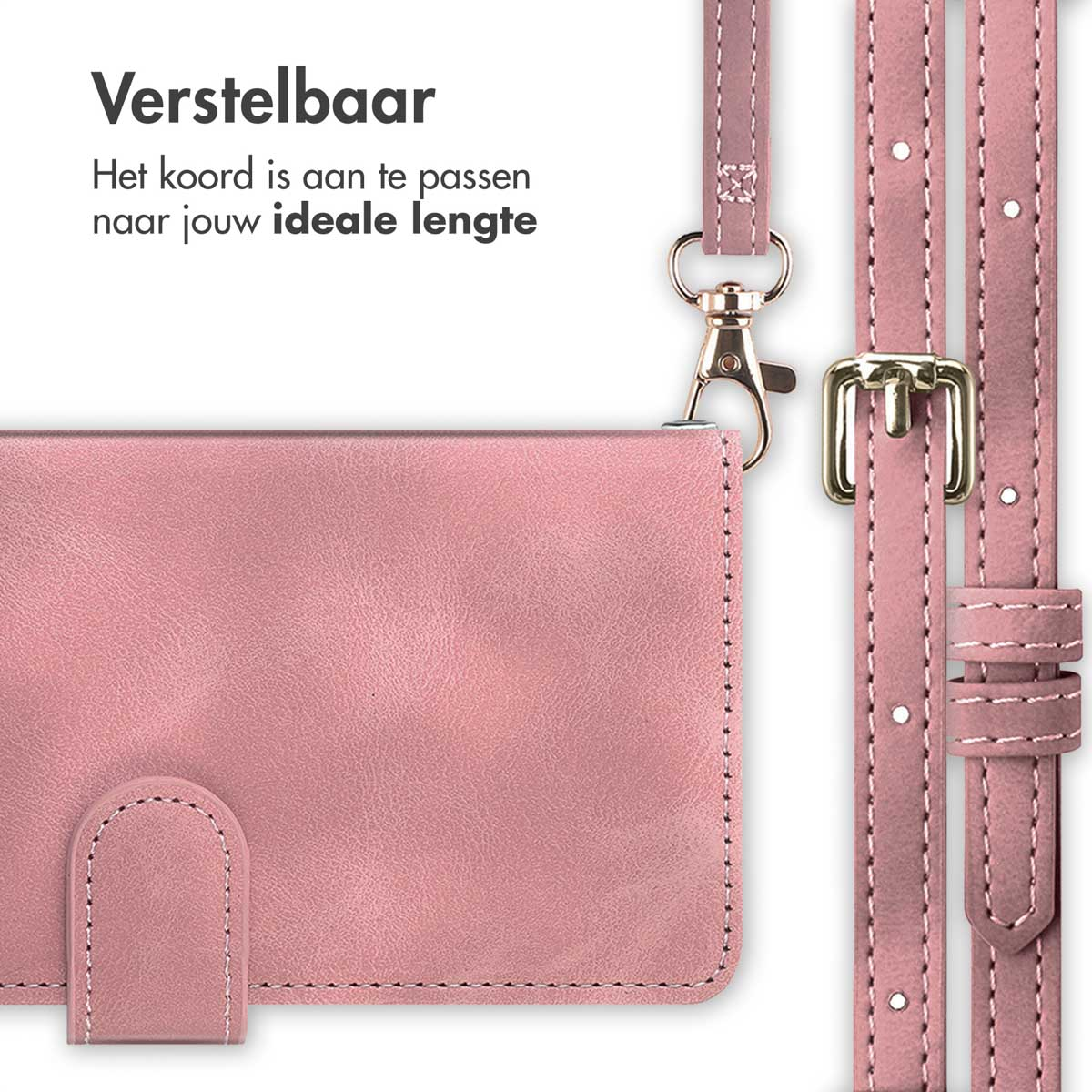 Une coque de téléphone rose avec une sangle réglable et des fermoirs dorés.
