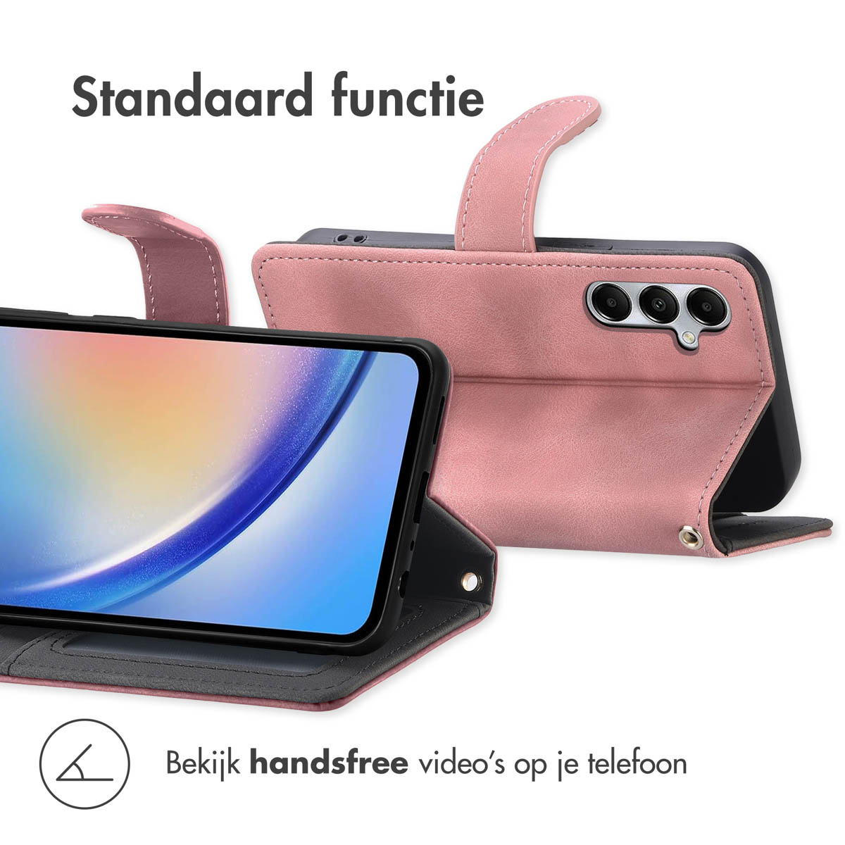 Un étui de téléphone rose avec fonction de support affiche un smartphone à écran coloré.