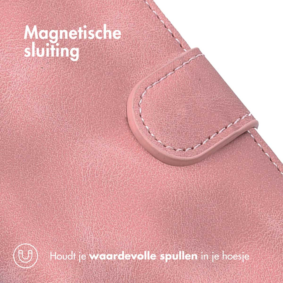 Nahaufnahme einer pinkfarbenen Handyhülle mit Magnetverschluss. Text 'Magnetische sluiting'.