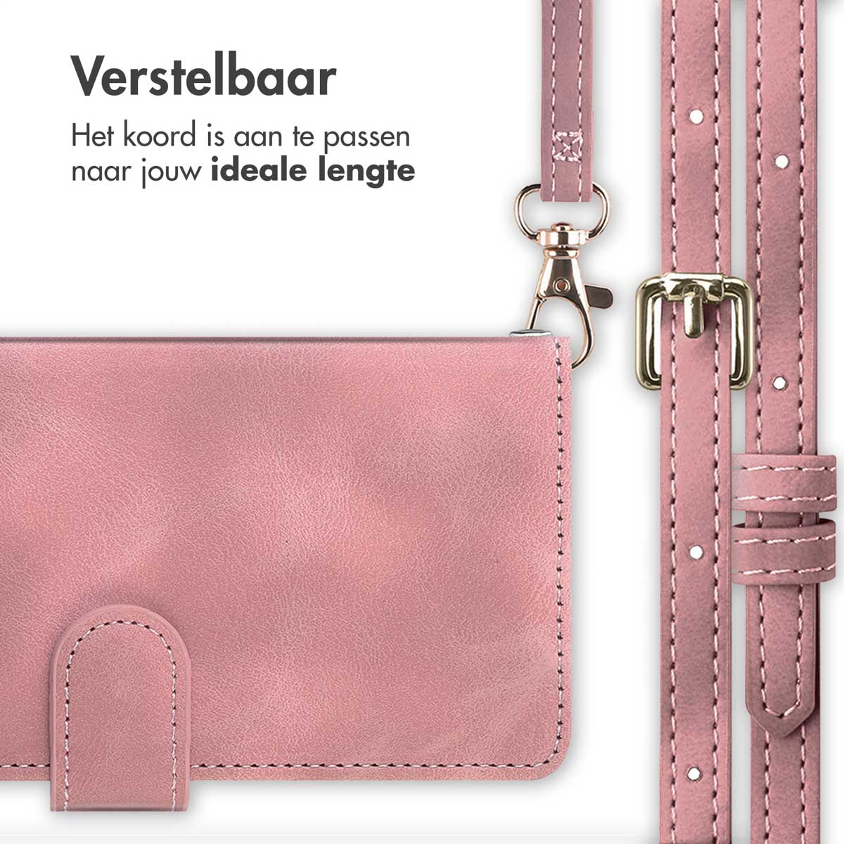 Een roze telefoonhoes met schouderriem. De riem is verstelbaar en heeft gouden hardware.