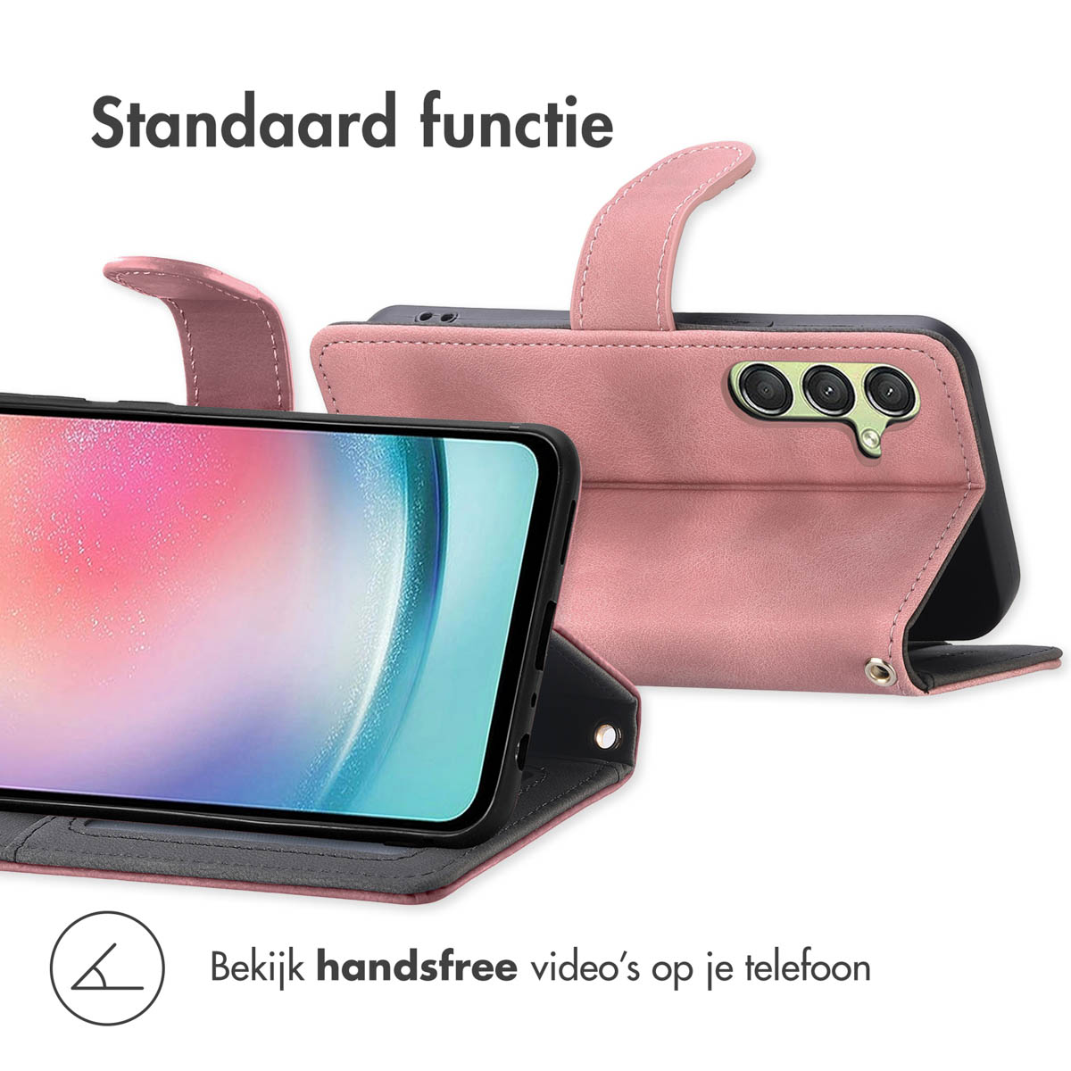 Een roze telefoon flip case met standaardfunctie voor handsfree video's.