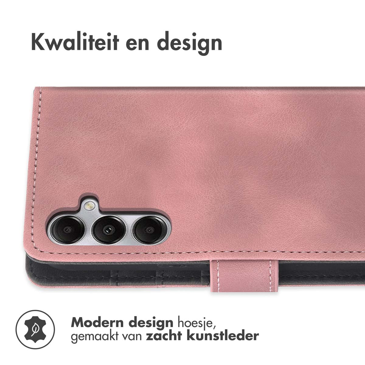 Étui de téléphone en similicuir rose avec découpe triple caméra et surpiqûres.