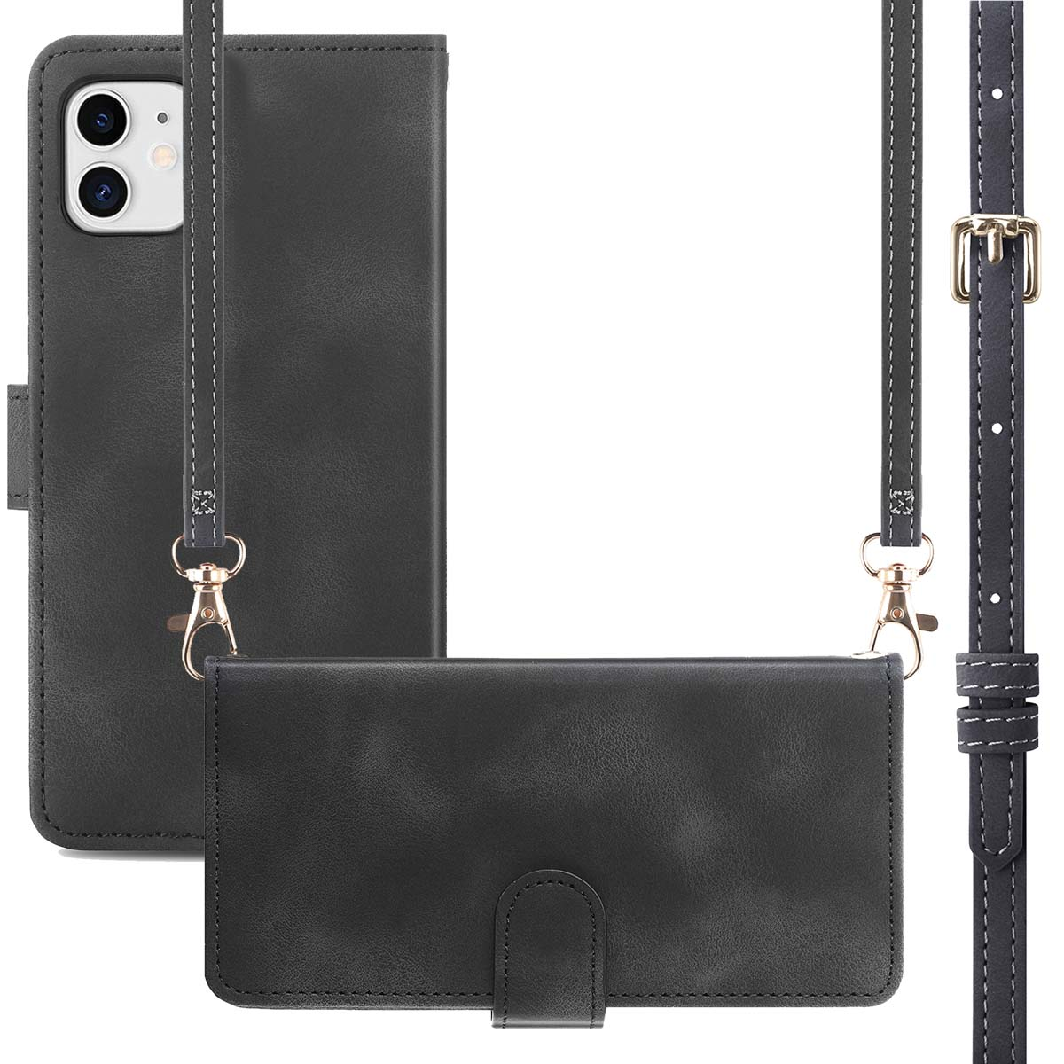 Étui de téléphone noir avec sangle, téléphone à l'intérieur. Étui et sangle visibles, avec boucle.
