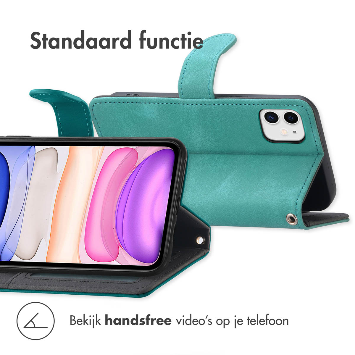 Een tealkleurige telefoonhoes met standaardfunctie, waarop een smartphone staat.