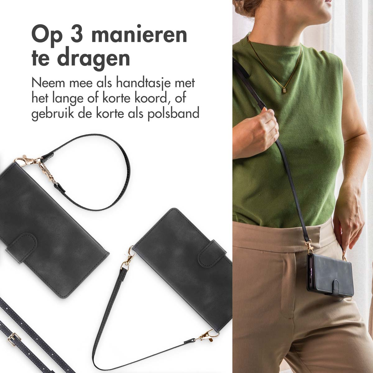 Coque de téléphone noire avec options de port : bandoulière, cordon court ou bracelet.