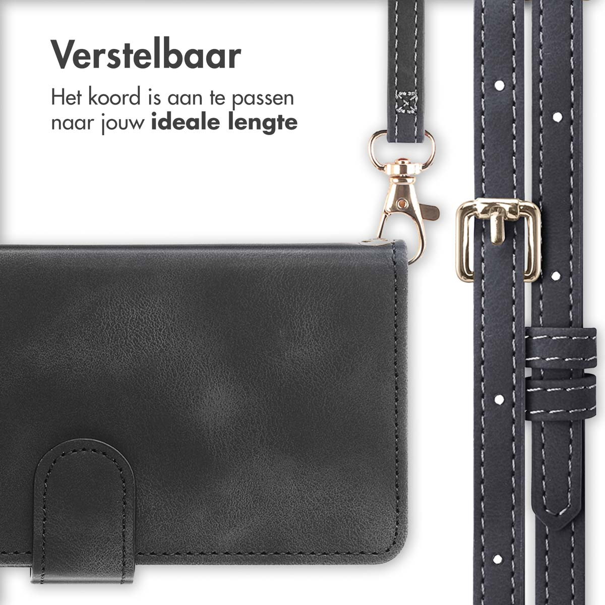 Gros plan sur un étui de téléphone noir avec une sangle et une boucle.
