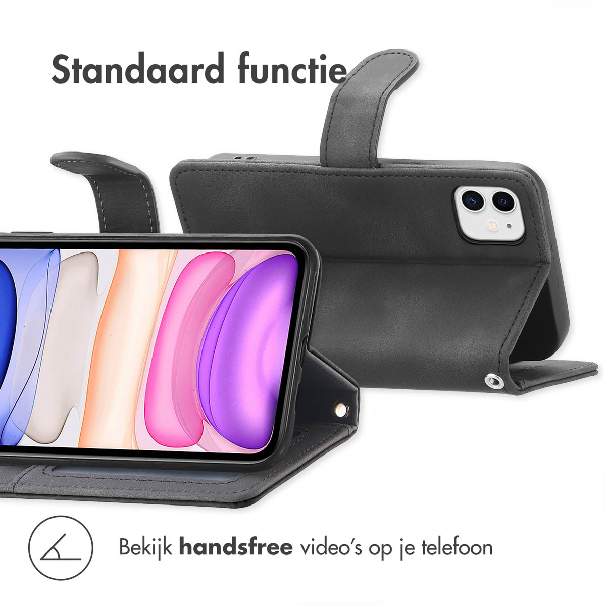 Coque noire pour téléphone avec fonction support et écran. Affiche des vidéos.