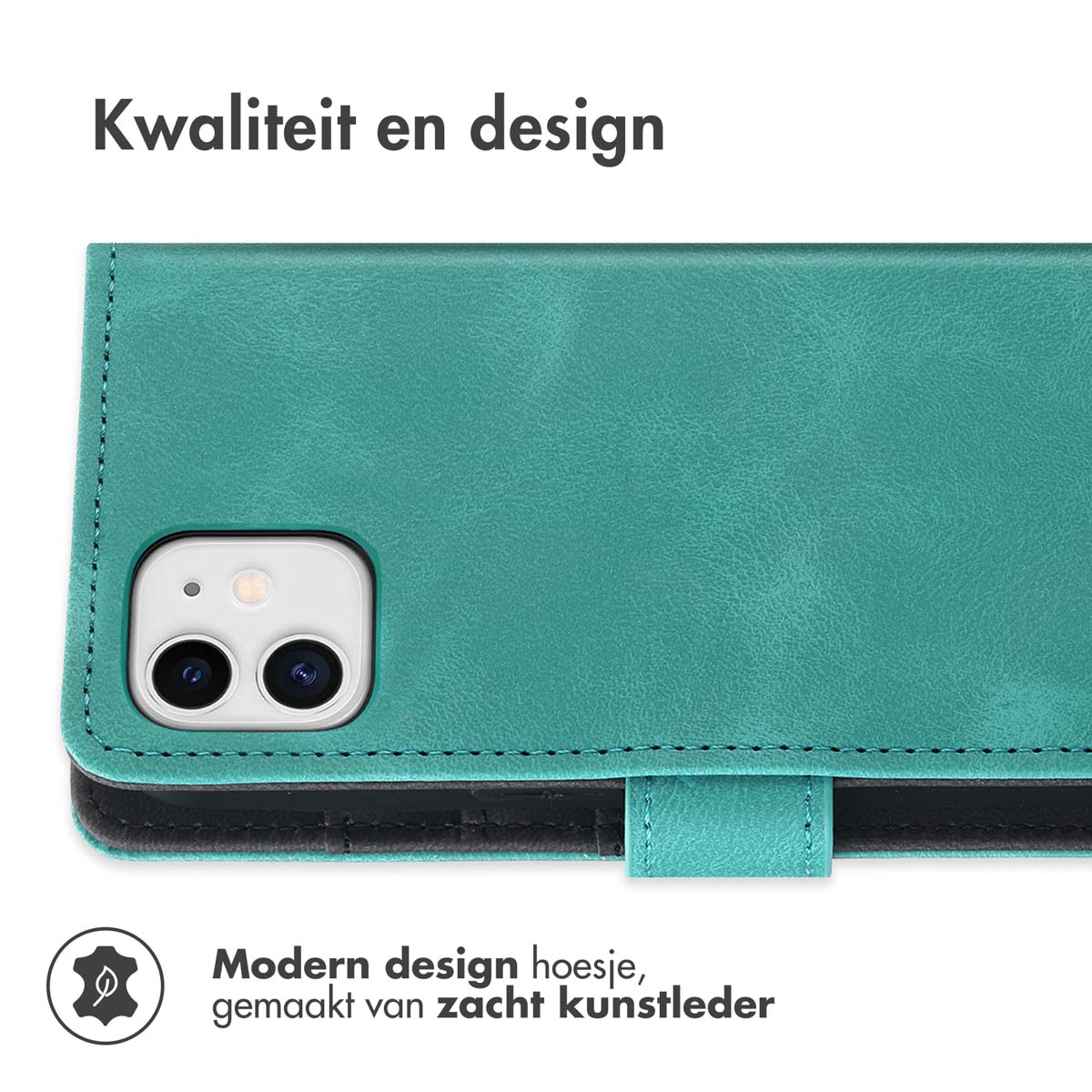 Turquoise telefoonhoes met camera-uitsparing en tekst.
