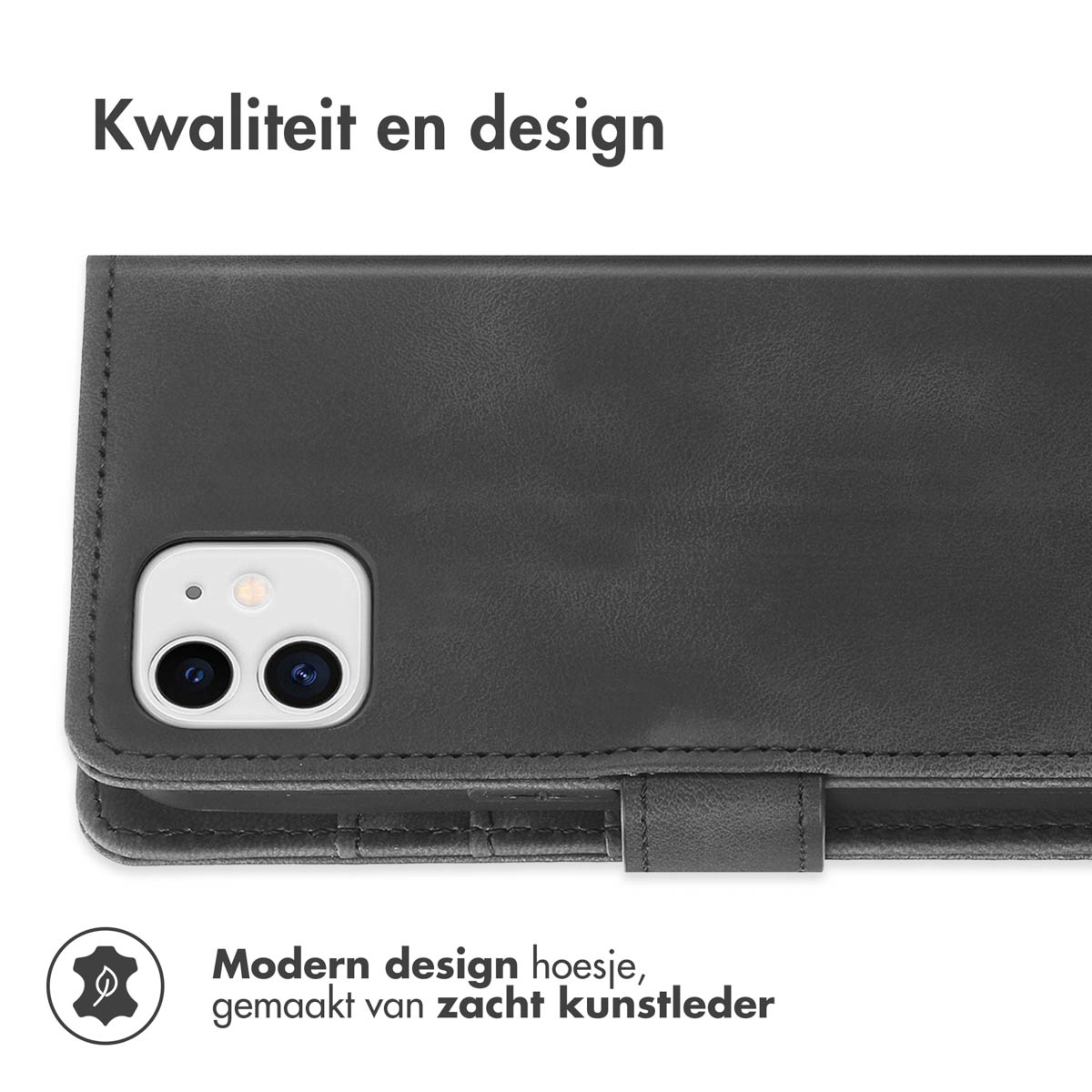 Étui de téléphone en faux cuir noir avec deux objectifs et une icône de feuille.