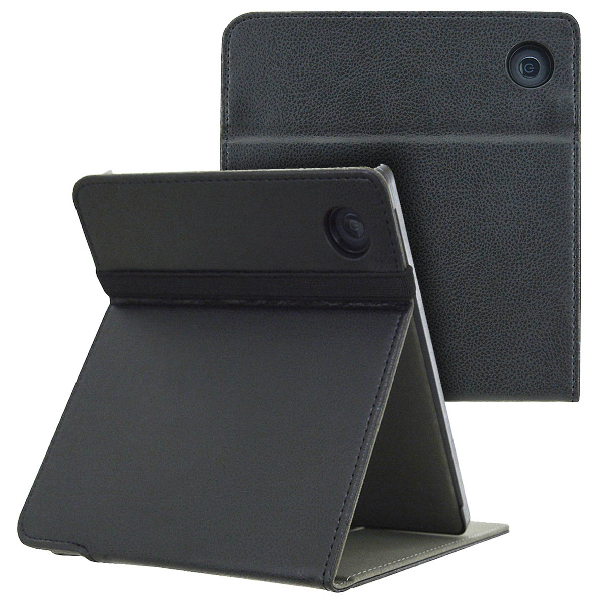 Tablet in een zwarte hoes. De hoes wordt als standaard gebruikt. De achterkant toont een camera gat.