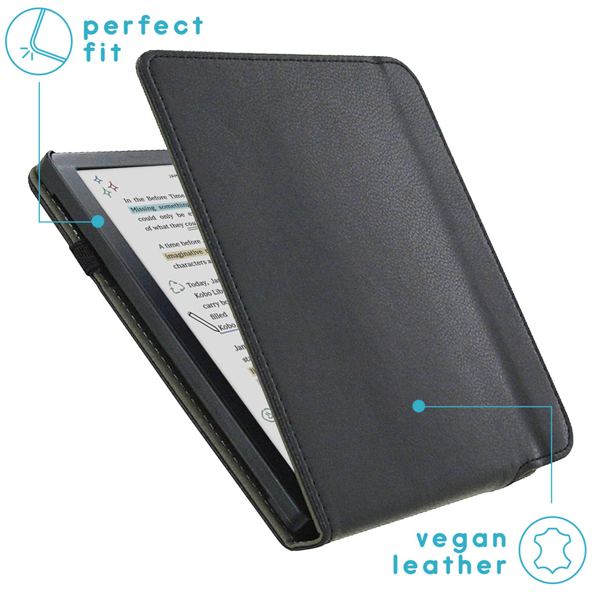 Zwarte e-reader in een zwart leren hoesje met perfecte pasvorm en veganistisch leer.