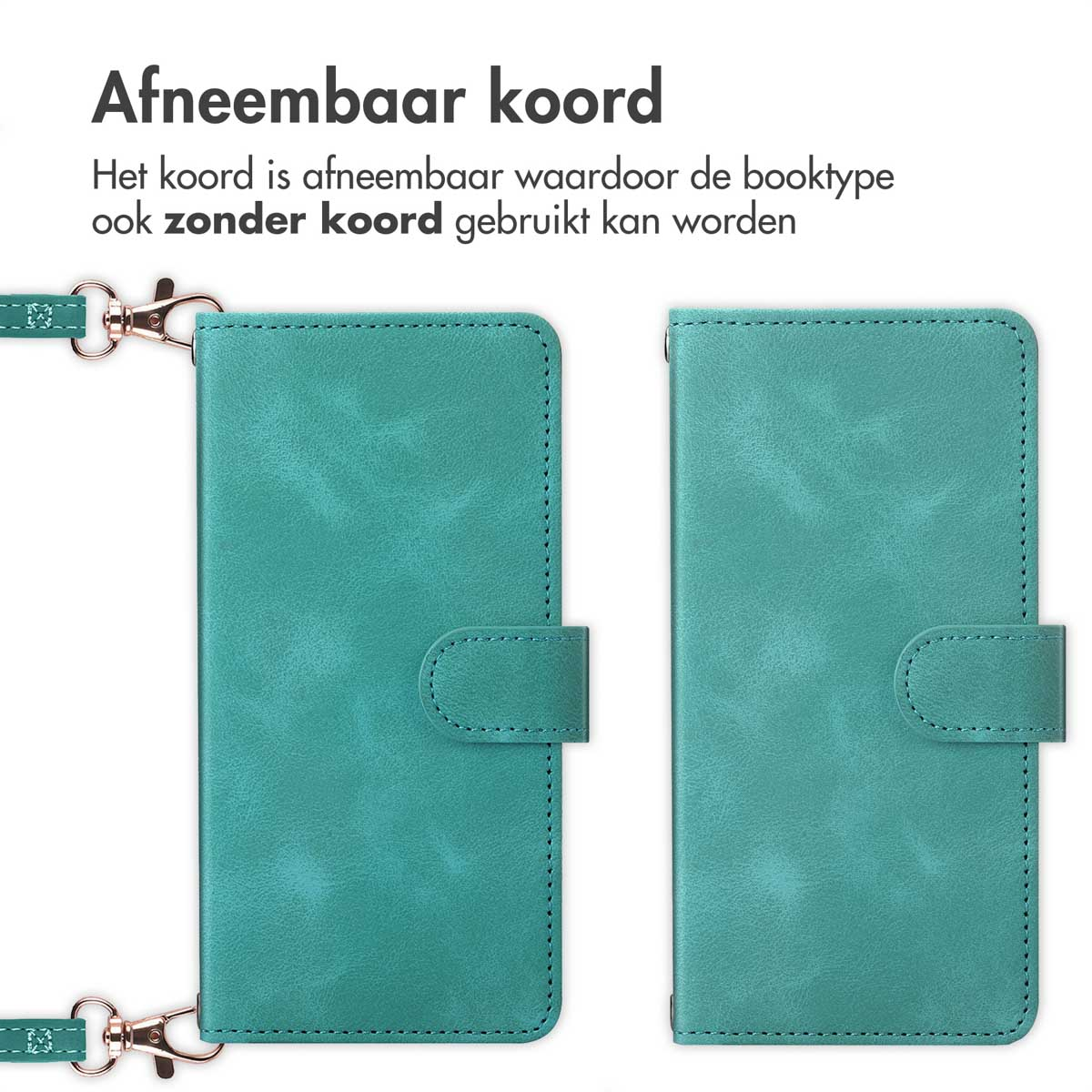 Deux étuis de téléphone bleu sarcelle avec cordon détachable, un ouvert, un fermé.
