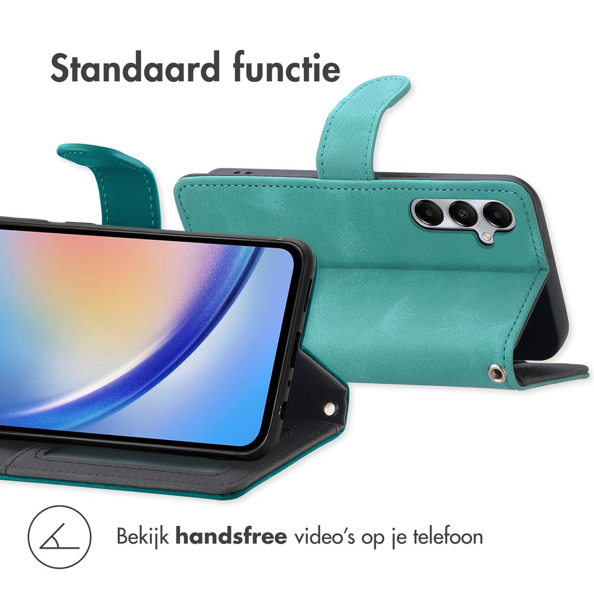 Support de coque de téléphone turquoise montrant appareil photo et écran.