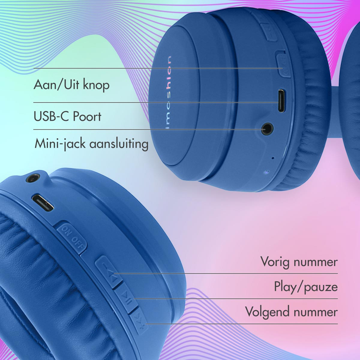 IMOSHION Children's Headset with LED Lighting and Volume Limiter - AUX / Bluetooth Kids Over-ear Headphones Blue}