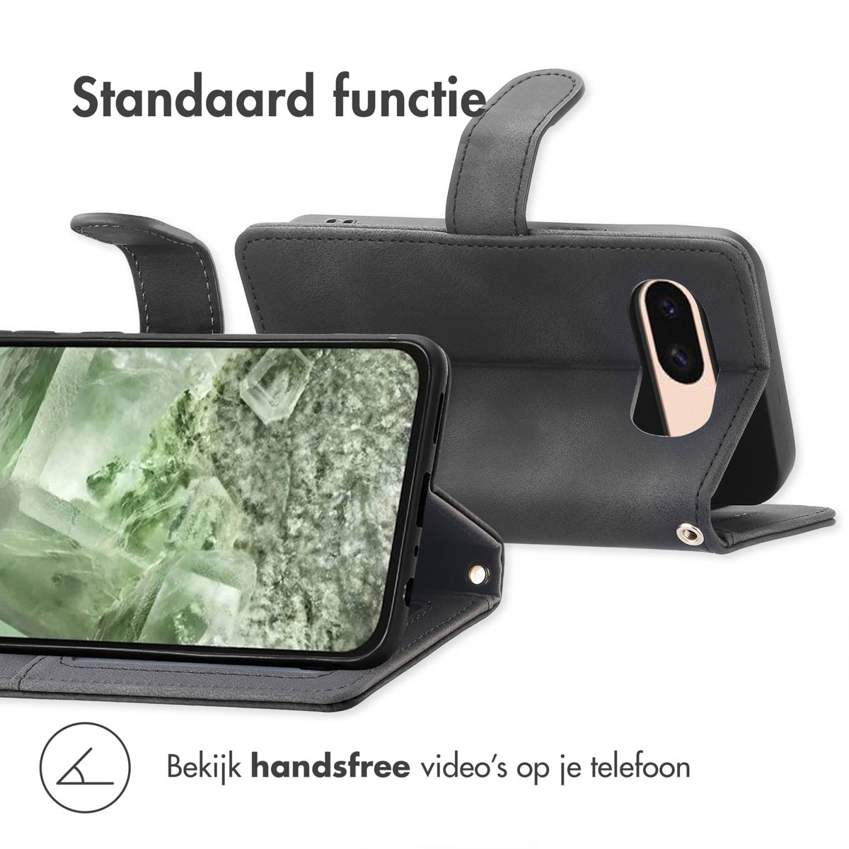 Un étui portefeuille noir avec un smartphone affichant un cristal vert.