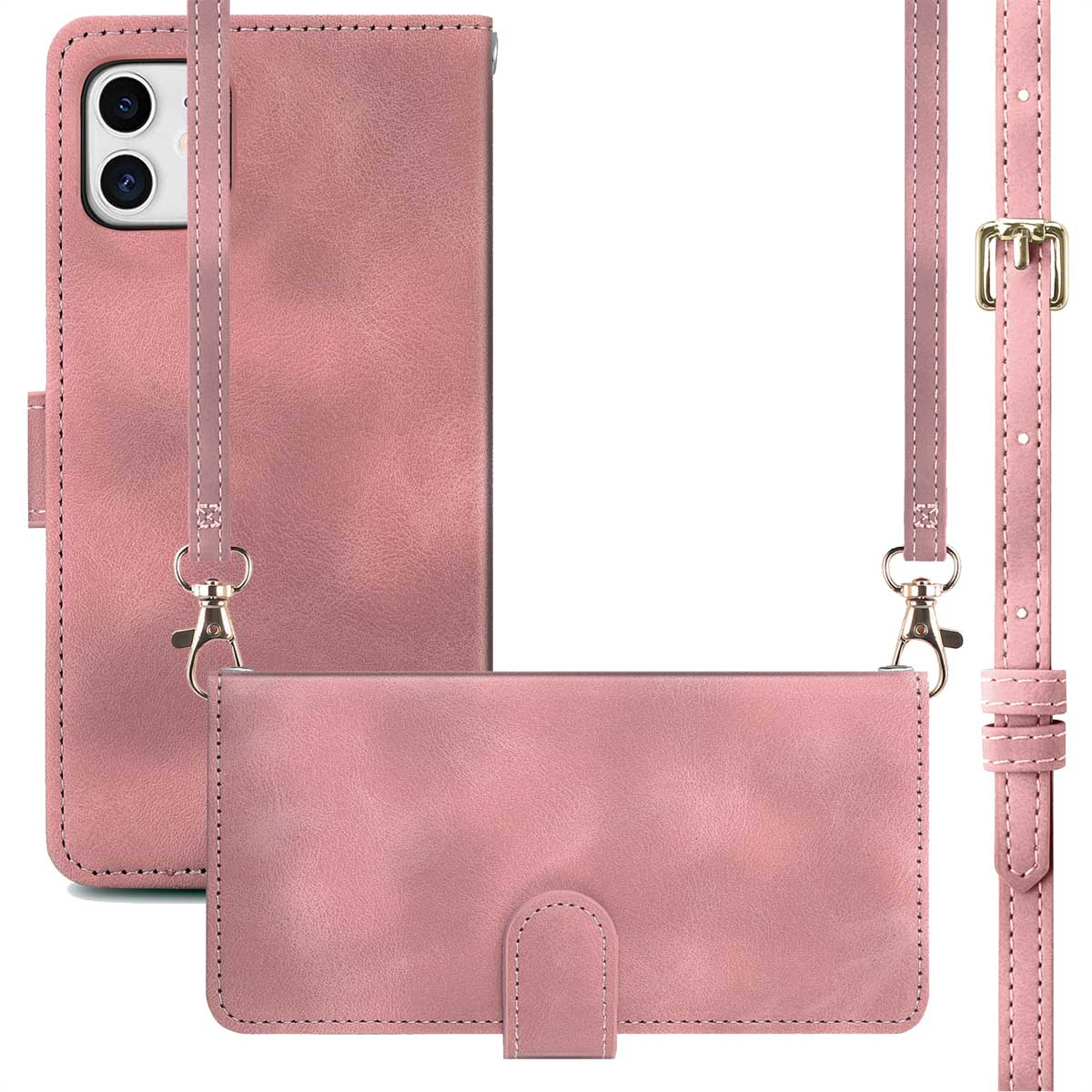 Een roze telefoonhoes met schouderriem en een apart kaarthouder. Gouden hardware zichtbaar.