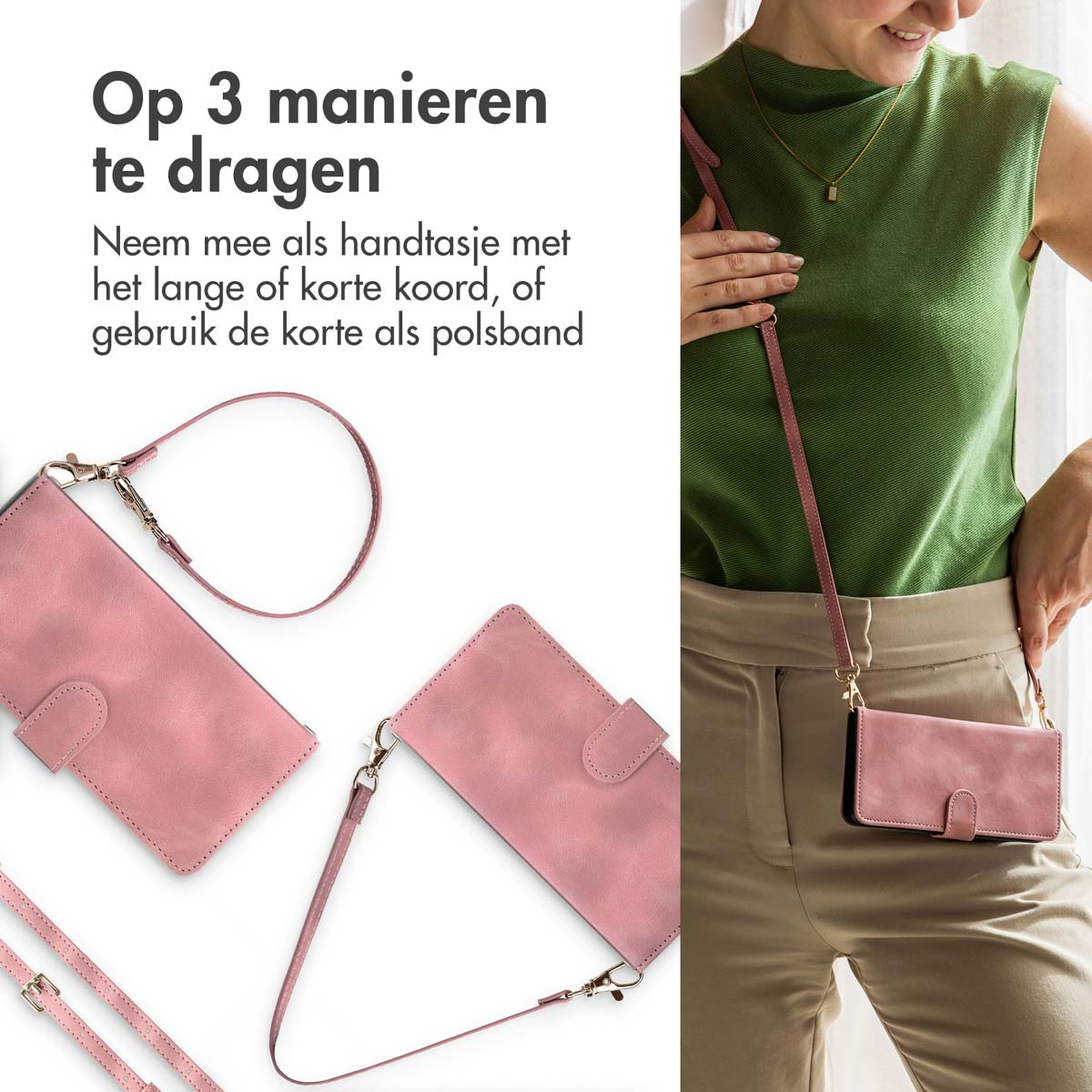 Een vrouw draagt een roze crossbody tas. Twee andere roze tassen liggen ernaast.