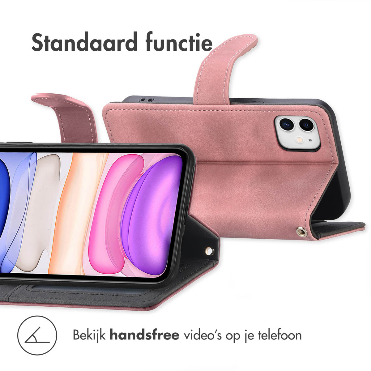 Roze telefoonhoesje in standaardmodus met telefoonscherm. Tekst in het Nederlands.
