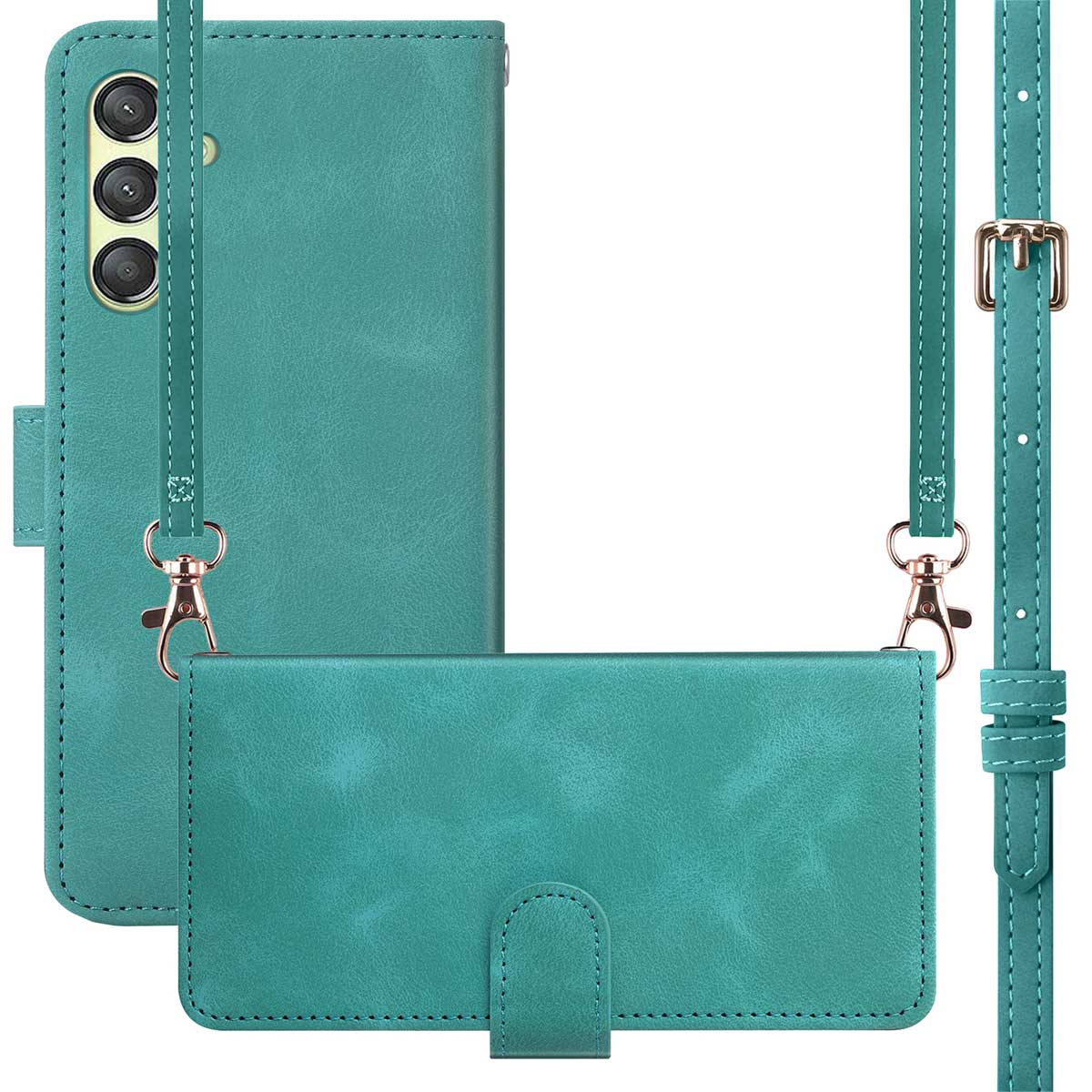 Coque de téléphone turquoise avec sangle, téléphone à l'intérieur. Coque et sangle visibles, boucle.