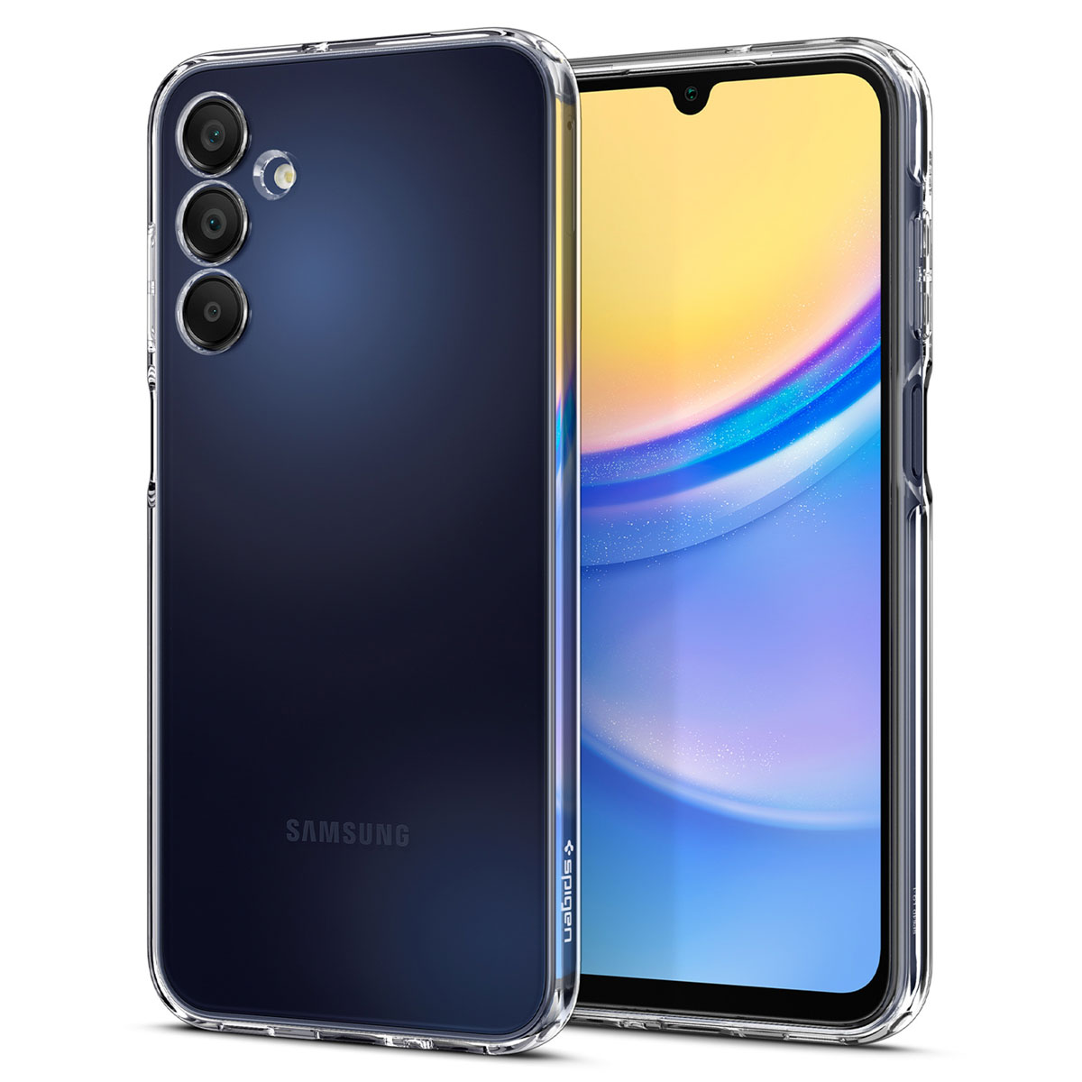 Coque de téléphone transparente avec téléphone à l'intérieur. Dos bleu foncé. Transparent.