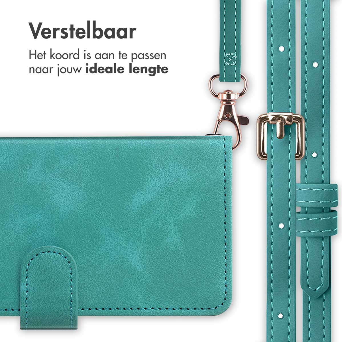 Une coque de téléphone turquoise avec une sangle réglable et une boucle dorée.