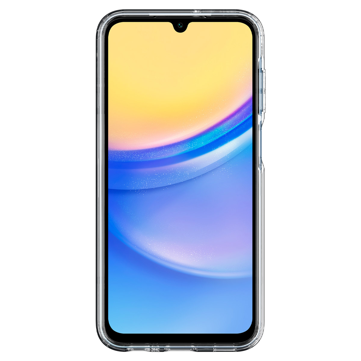 Un téléphone avec une coque transparente. L'écran affiche un design abstrait coloré, jaune et bleu.