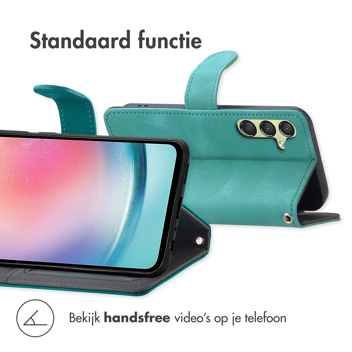 Étui de téléphone turquoise avec fonction support, montré ouvert.