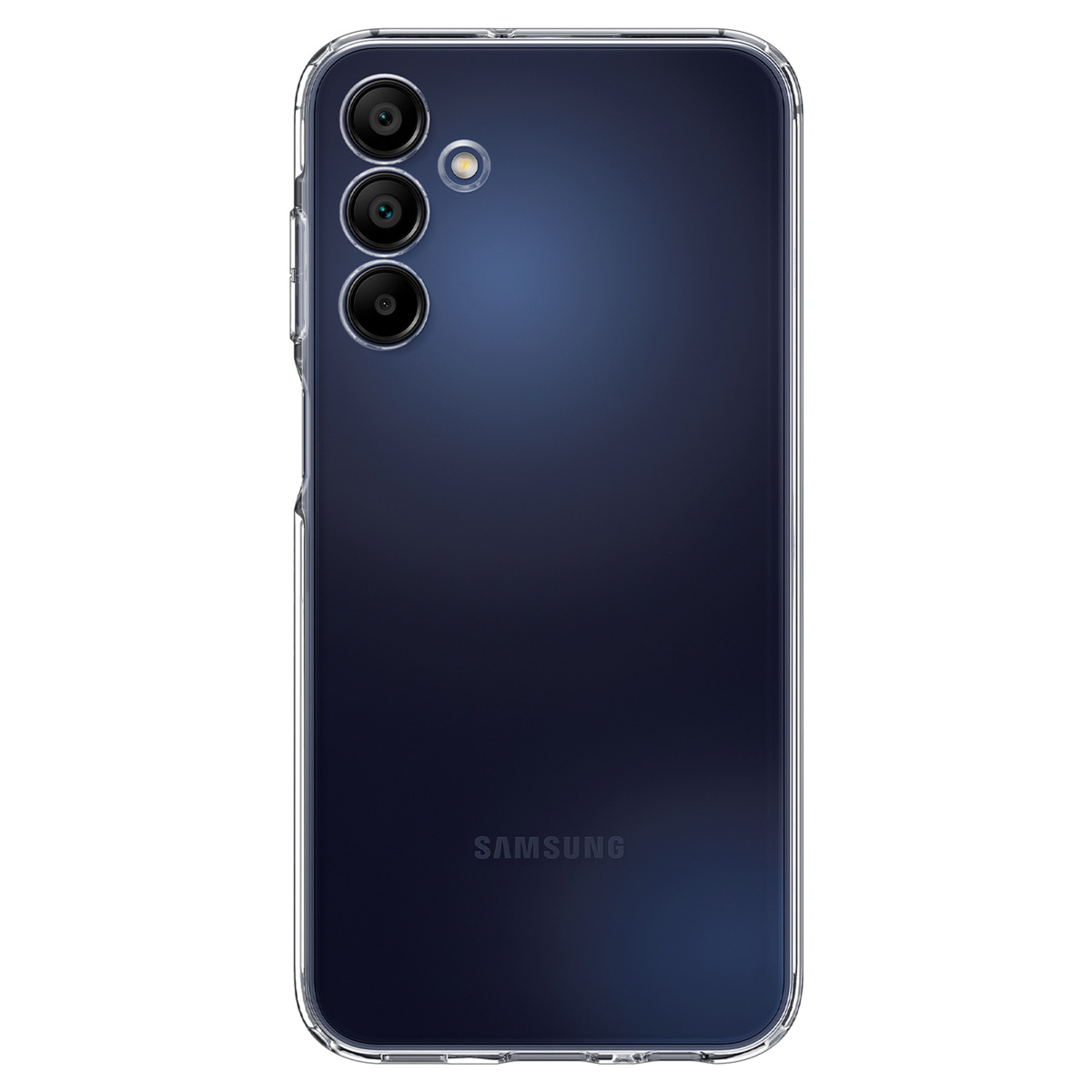 Smartphone avec coque arrière bleu foncé, avec étui transparent. Trois caméras visibles.
