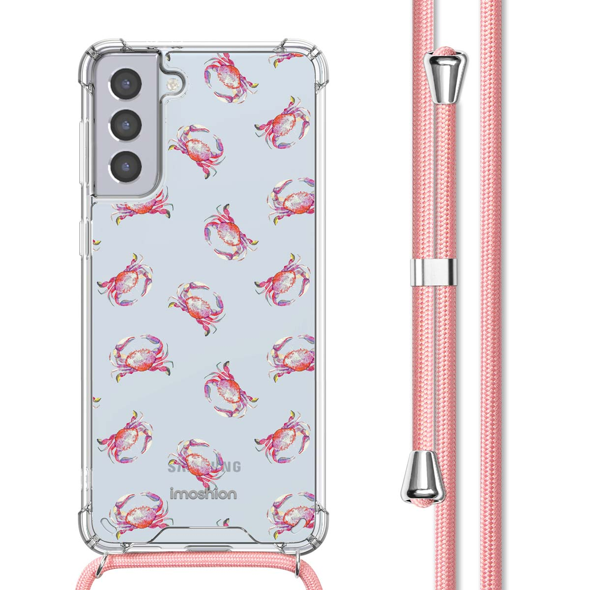 Coque de téléphone avec motif de crabes et lanière rose. Un fond bleu clair est présent.