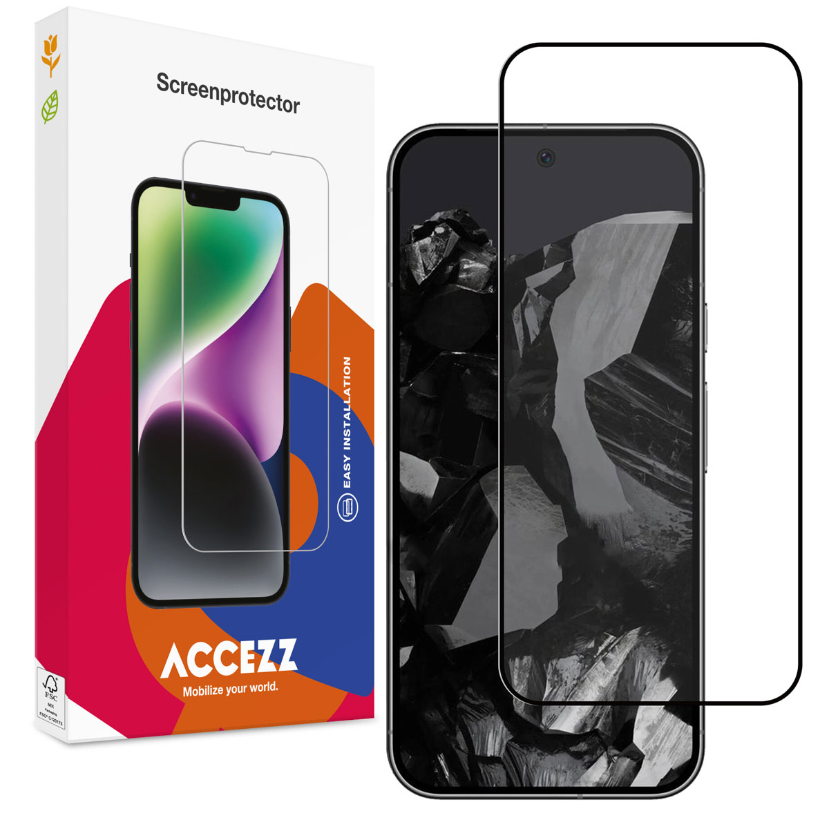 Telefoonschermbeschermer met telefoon en doos, eenvoudige installatie.