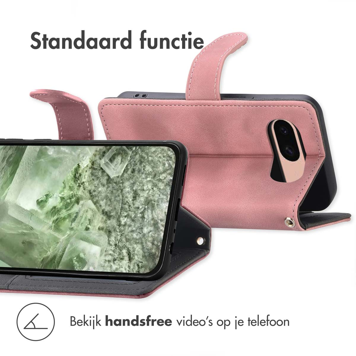 Un étui rose pour téléphone avec fonction de support et découpe caméra.
