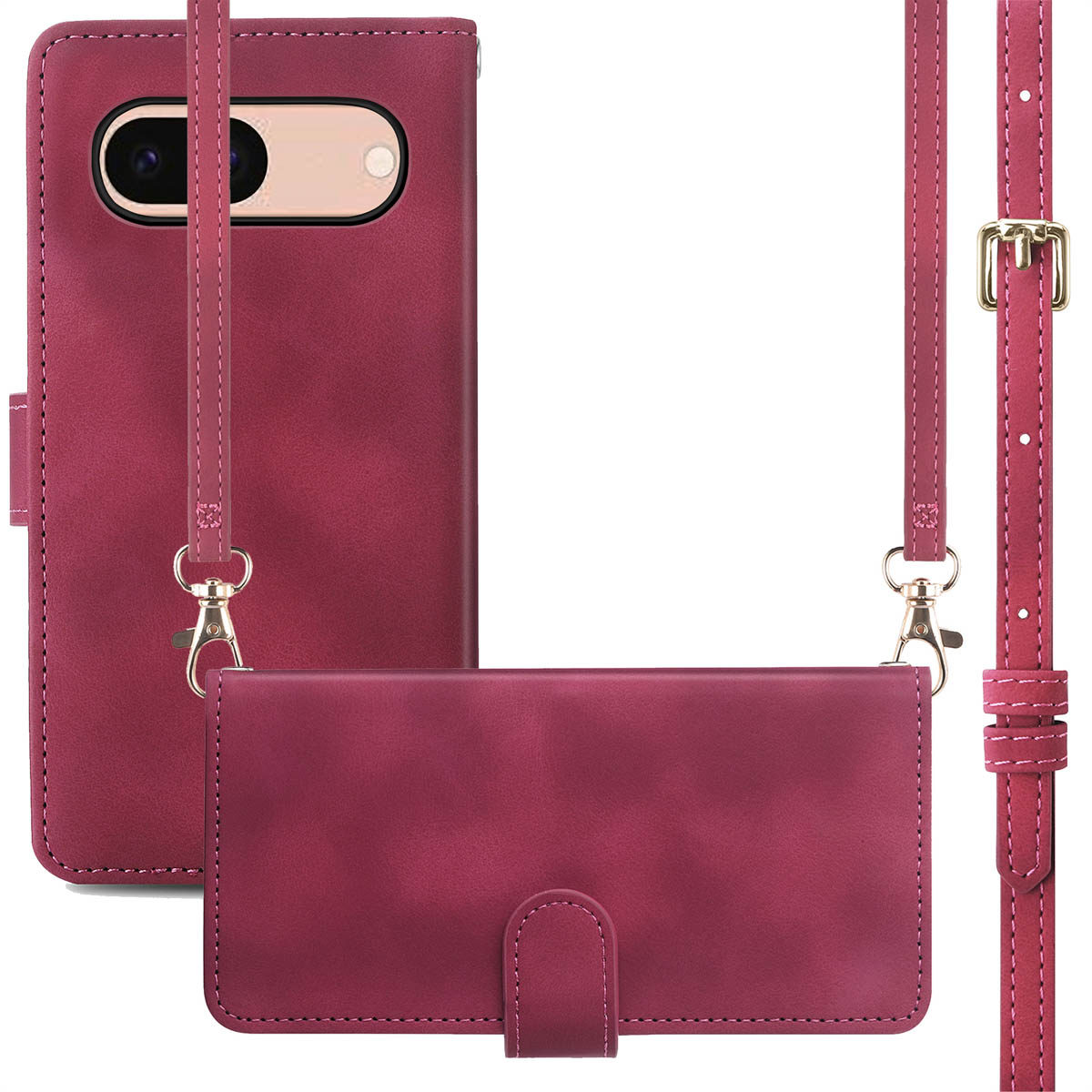 Coque de téléphone bordeaux avec lanière. Téléphone et étui, avec lanière. Quincaillerie dorée.