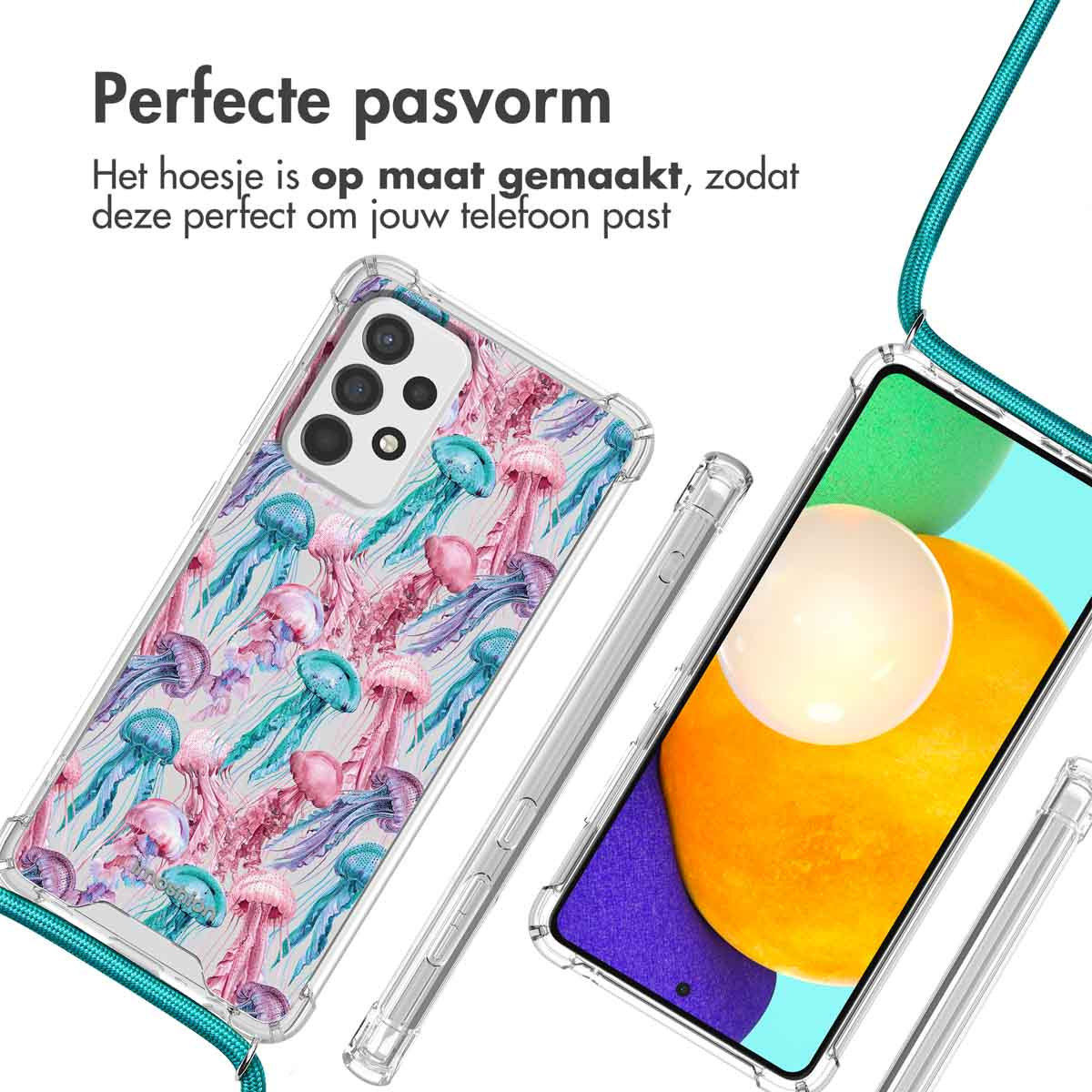Doorzichtige telefoonhoes met kwallenpatroon, naast een telefoon met oranje en gele achtergrond.