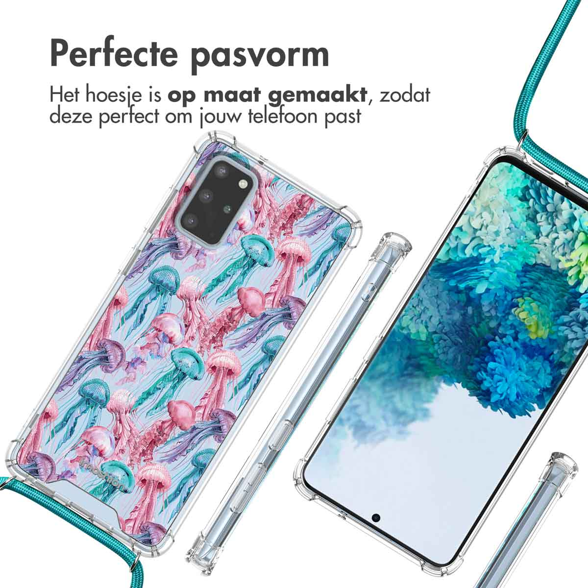 Un téléphone dans un étui avec un motif de méduses est présenté, avec l'étui affiché.