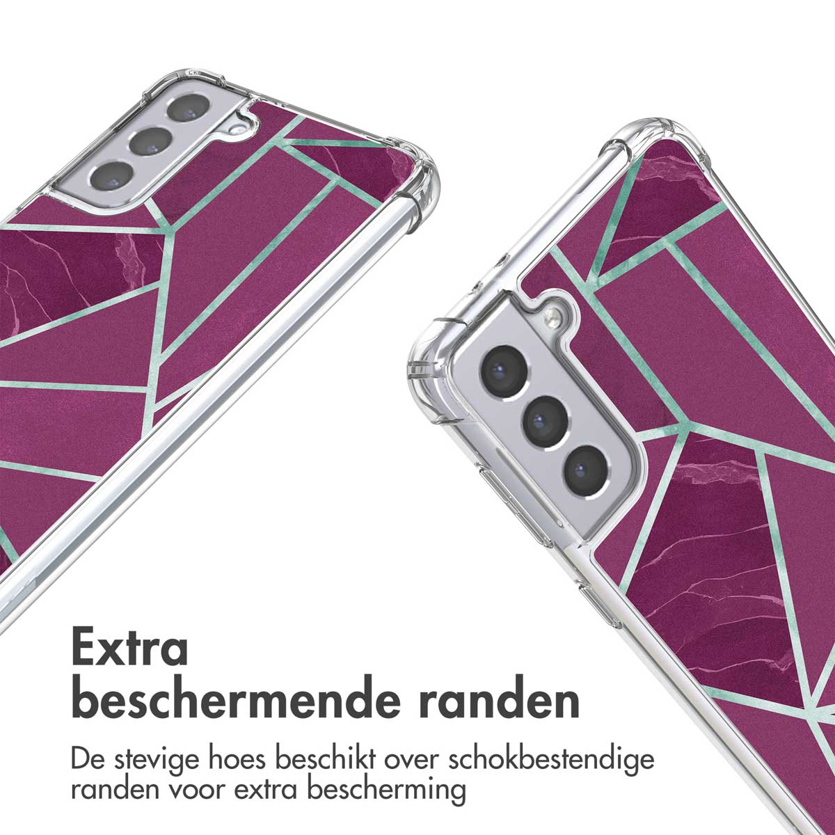 Paarse telefoonhoes met geometrisch marmerpatroon en transparante randen.